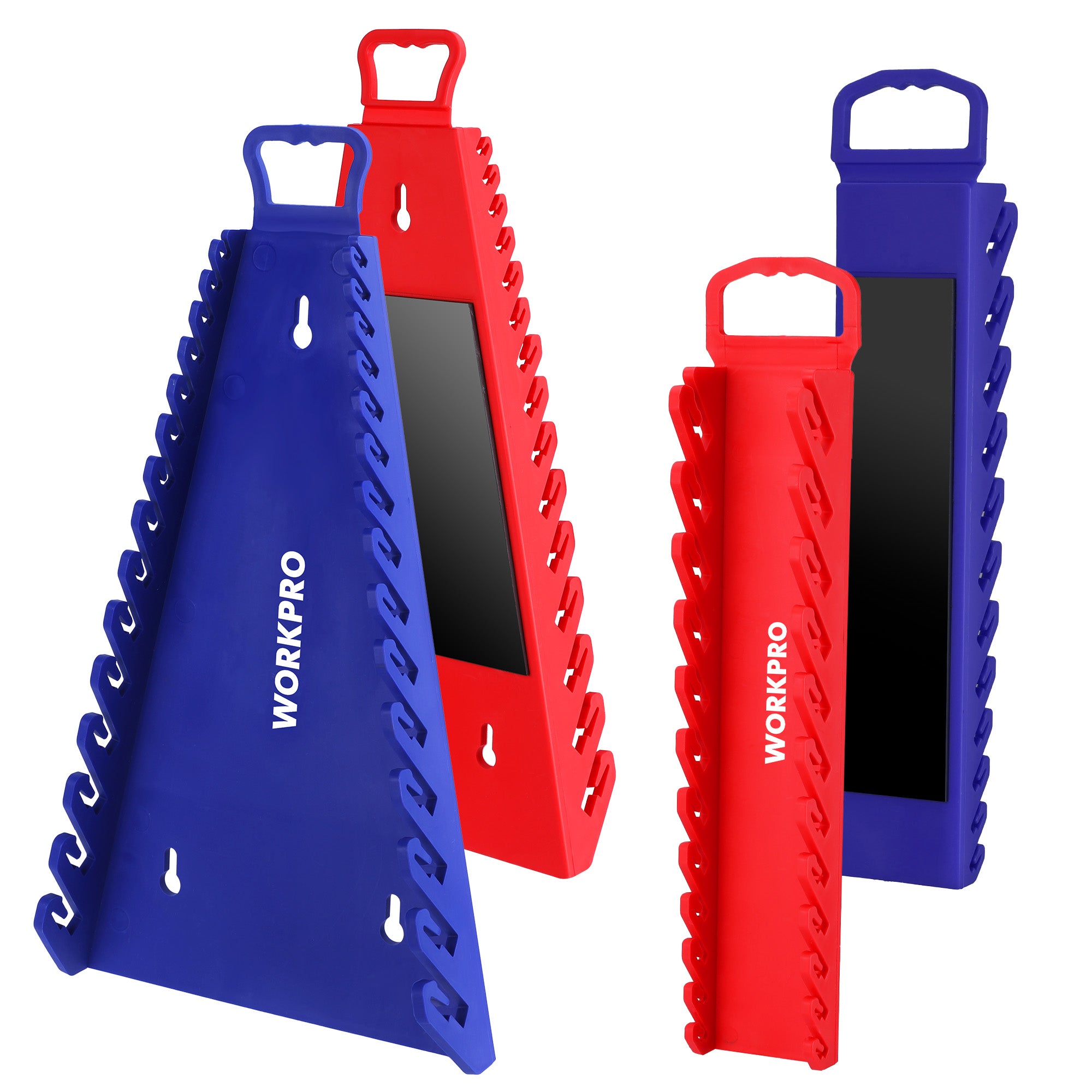WORKPRO 4-Pack Magnetic Wrench Organizer in blue and red with foldable handle, innovation quality secure