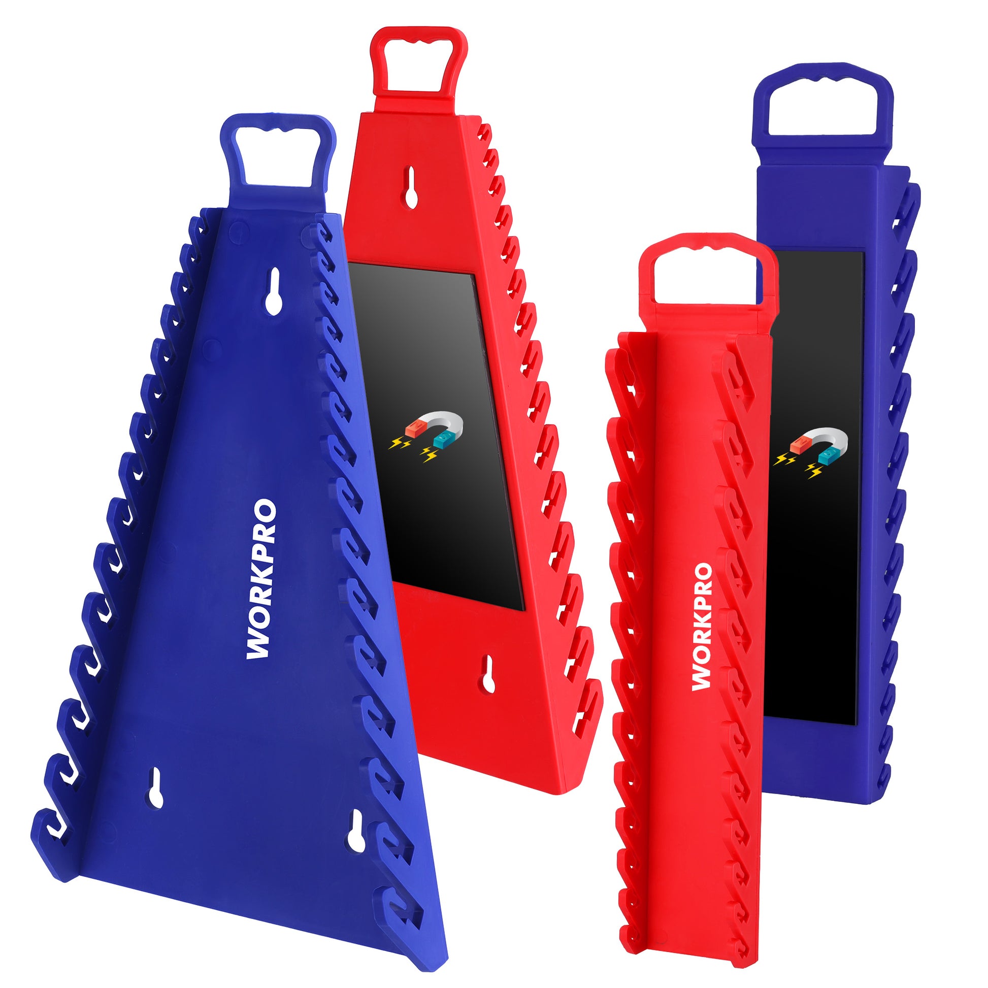 WORKPRO 4-Pack Magnetic Wrench Organizer set with blue and red quality, durable flexible teeth and secure carry handle