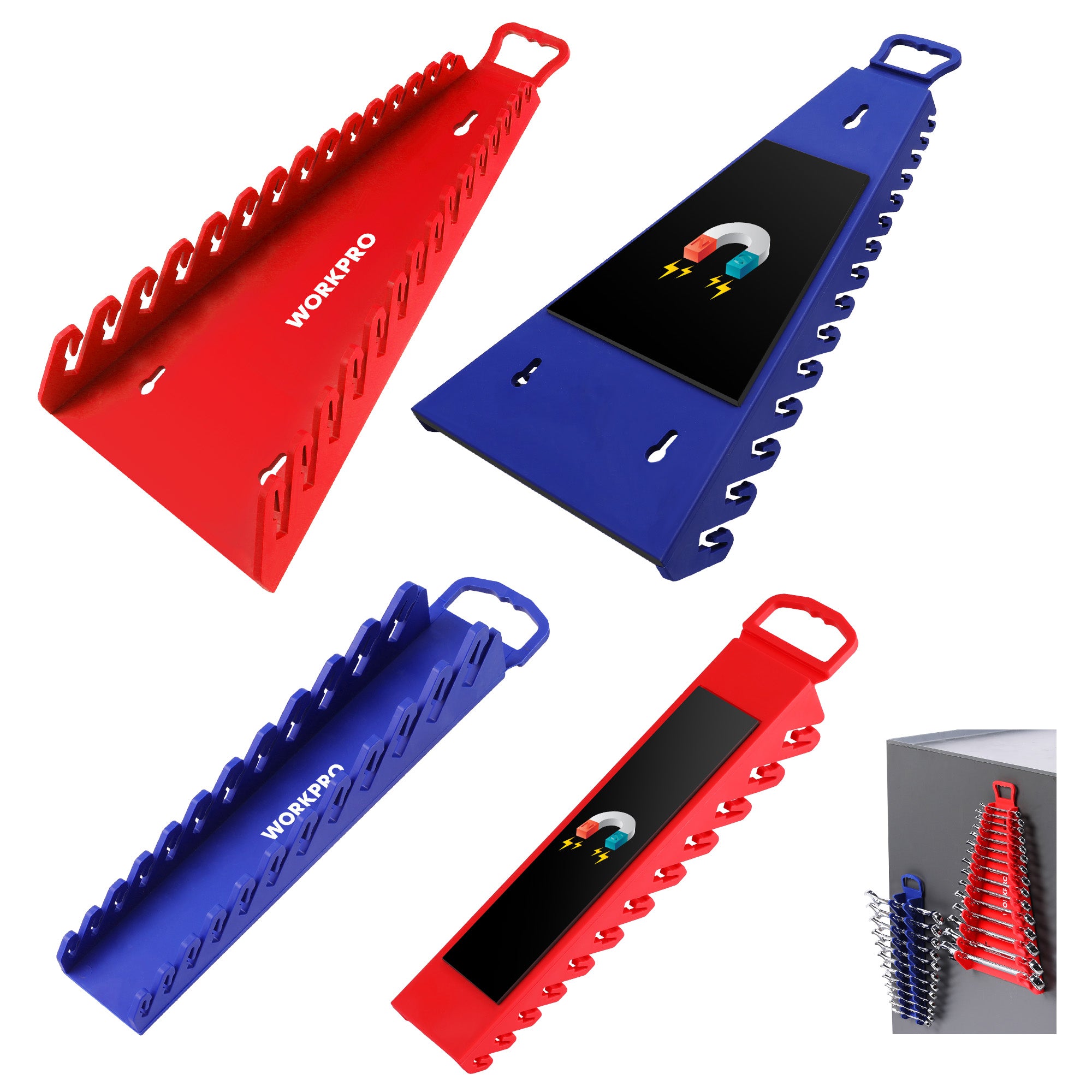 WORKPRO 4-Pack Magnetic Wrench Organizer set in red and blue with foldable carrying handle, innovation quality