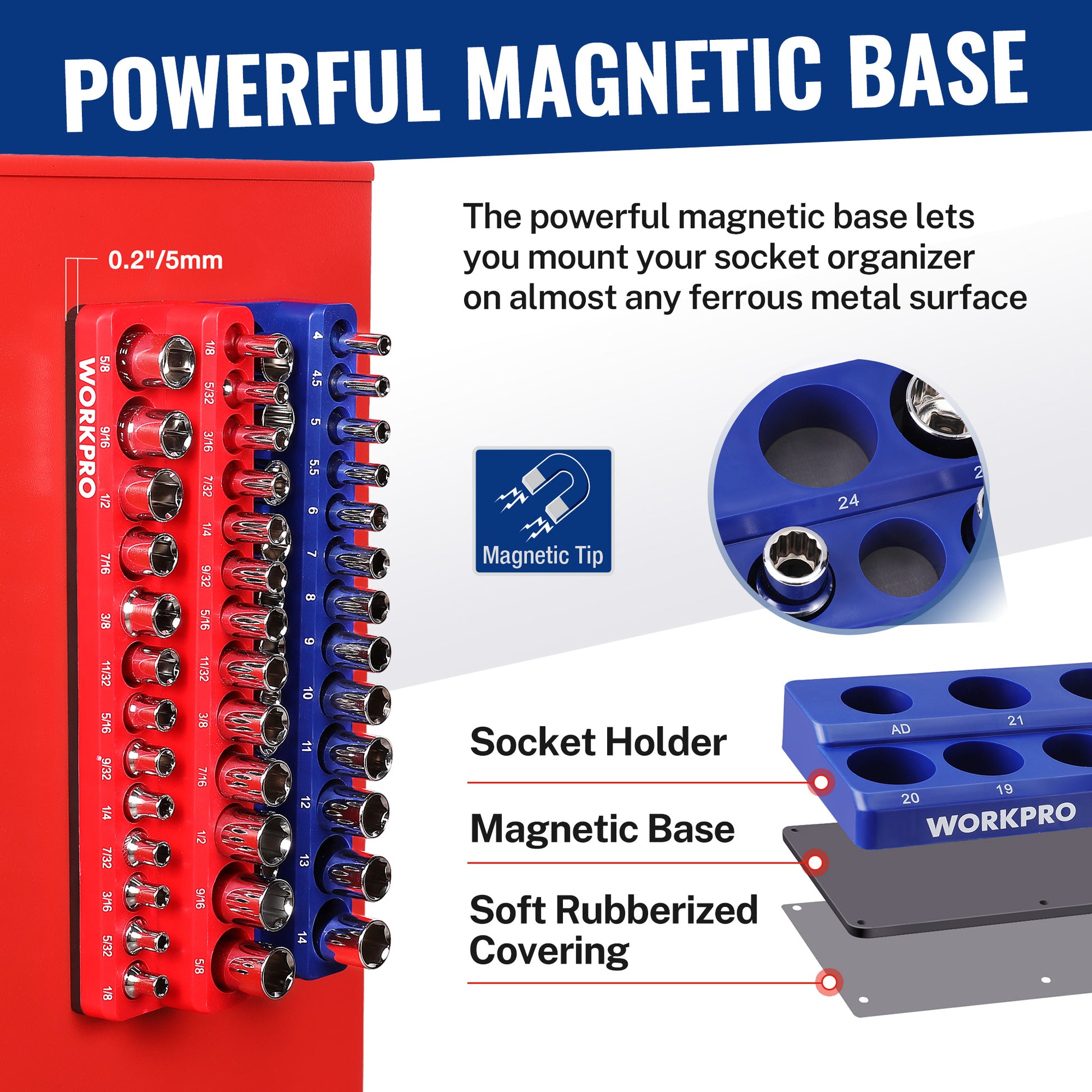 Magnetic base socket holder with red and blue plates and chrome sockets on pegs