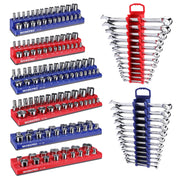 Magnetic socket organizer set with blue/red rails and chrome sockets, slot posts