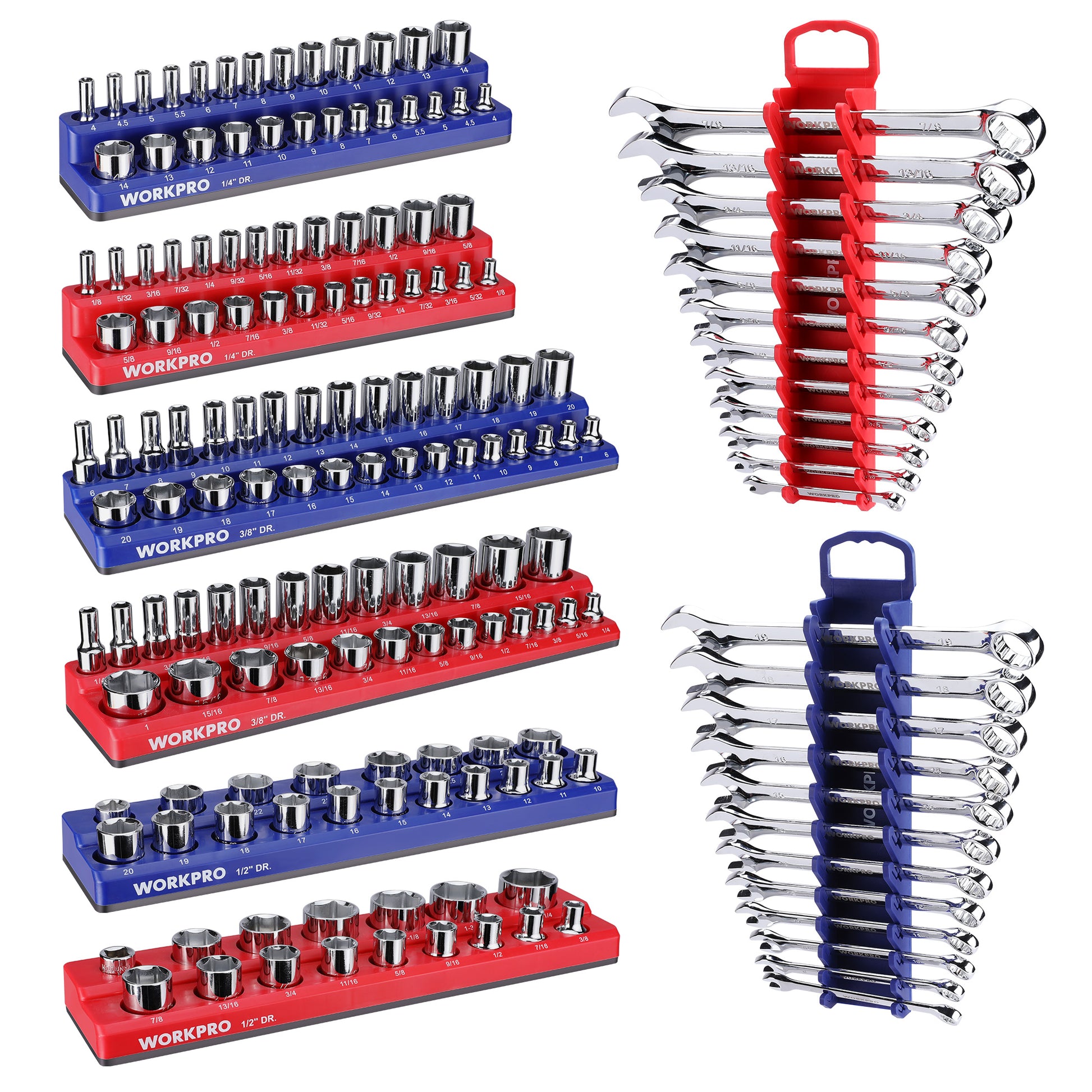 Magnetic socket organizer set with blue/red rails and chrome sockets, slot posts