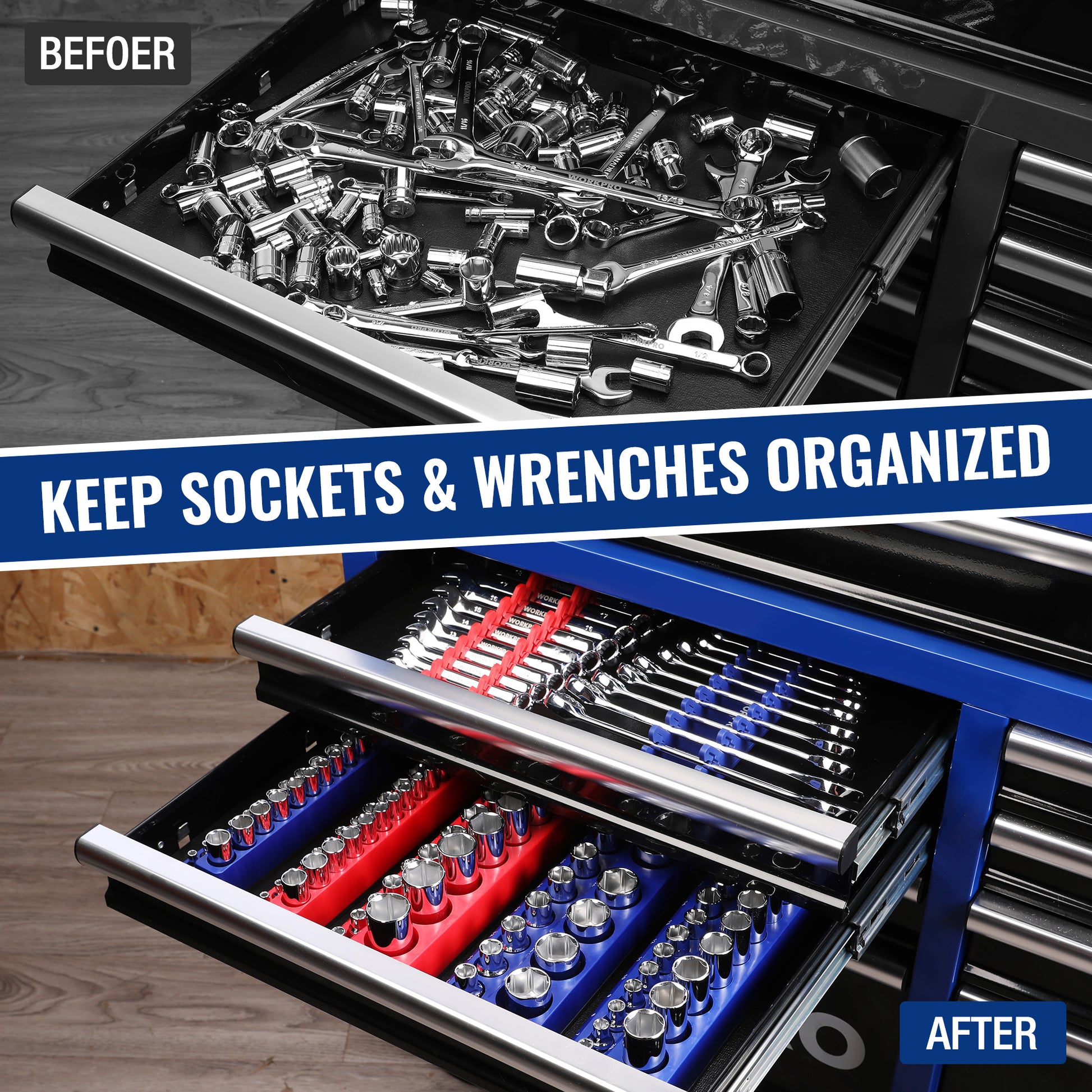 Magnetic socket organizer inserts in a drawer, blue and red boards with chrome sockets