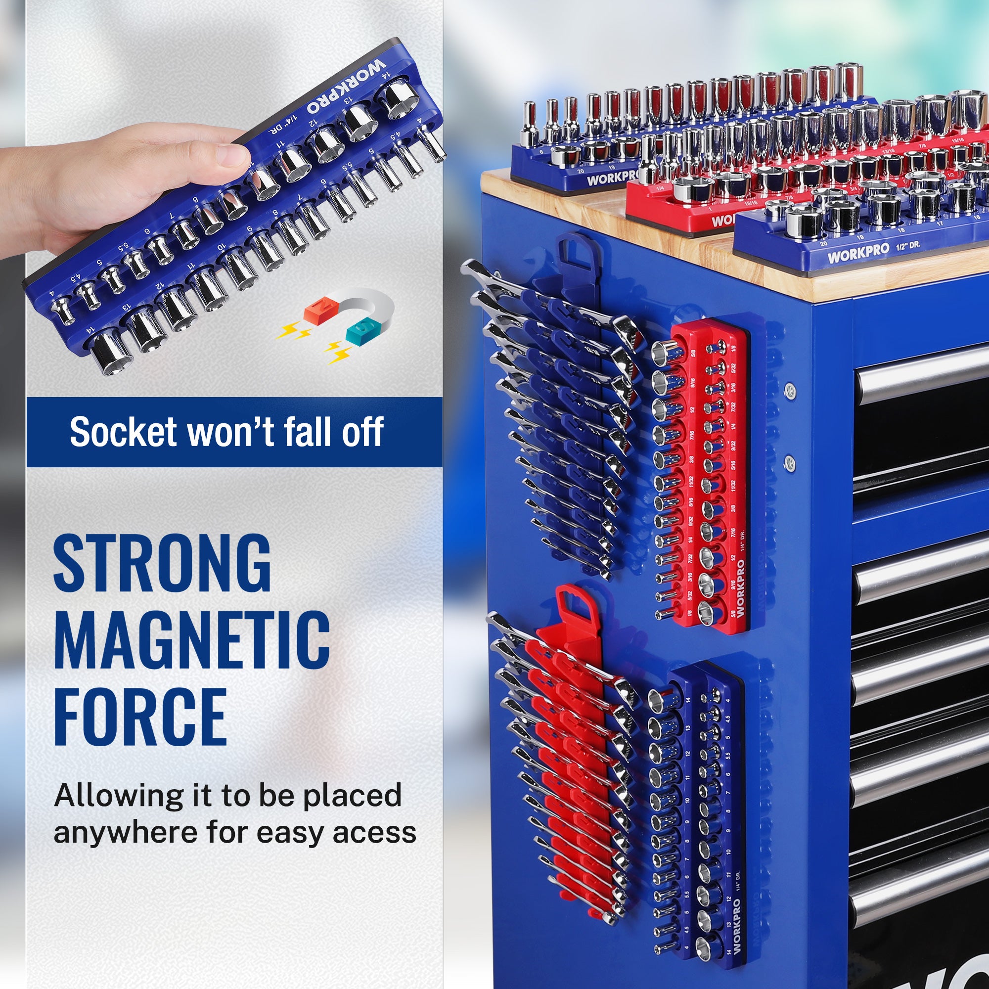 Magnetic socket organizer board, blue and red rails with chrome sockets held by magnets
