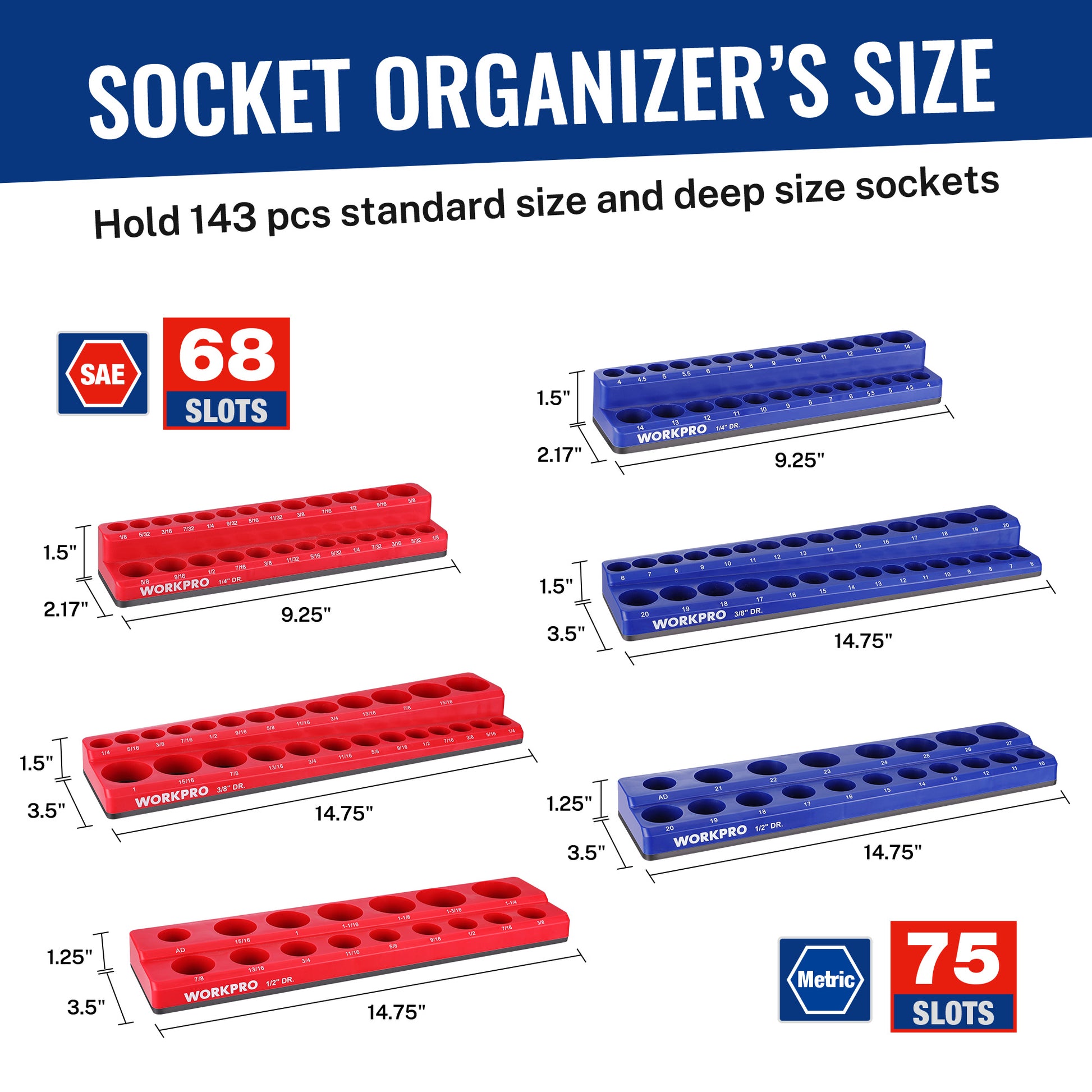 Socket organizer set diagram showing red and blue trays for metric and SAE slots