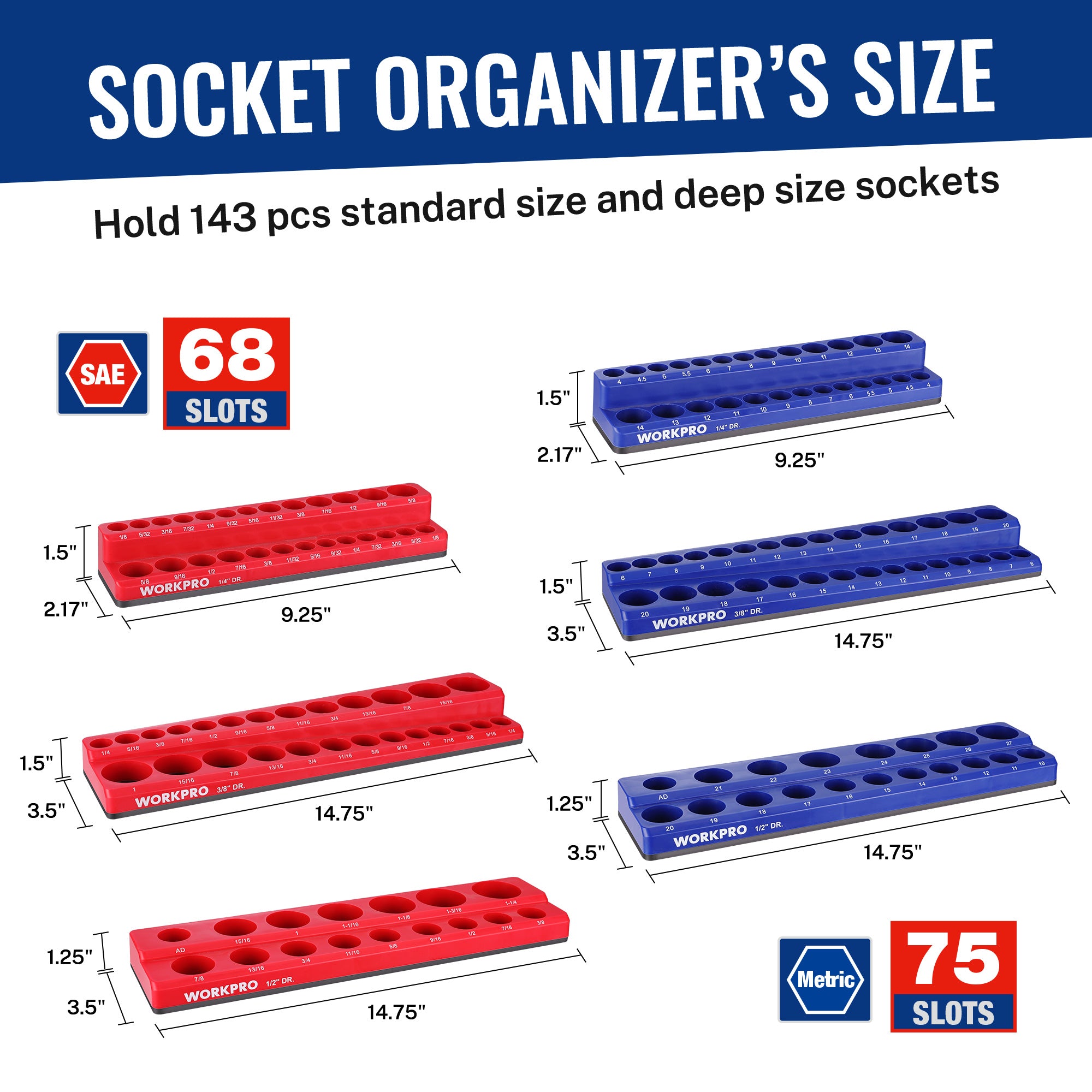 Socket organizer set diagram showing red and blue trays for metric and SAE slots