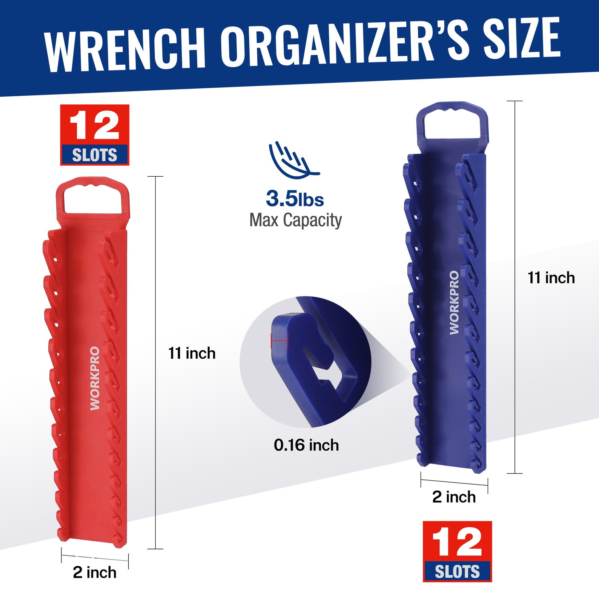 Wrench organizer with blue and red plastic holders, 12-slot panels for box wrenches