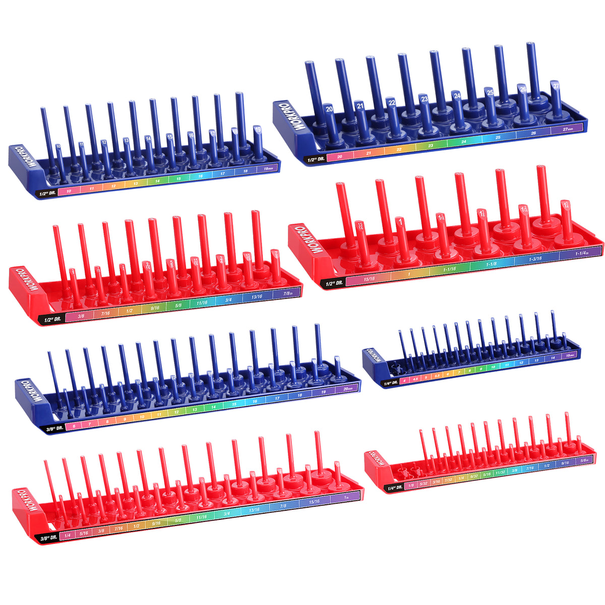 WORKPRO Socket Organizer Set, 8PC Socket Holder, 1/4", 3/8", 1/2" Drive Metric & SAE Socket Trays, Impact Socket Organizer for Tool Box Drawer, Socket Storage Holds 176 Pieces (Socket not Included)