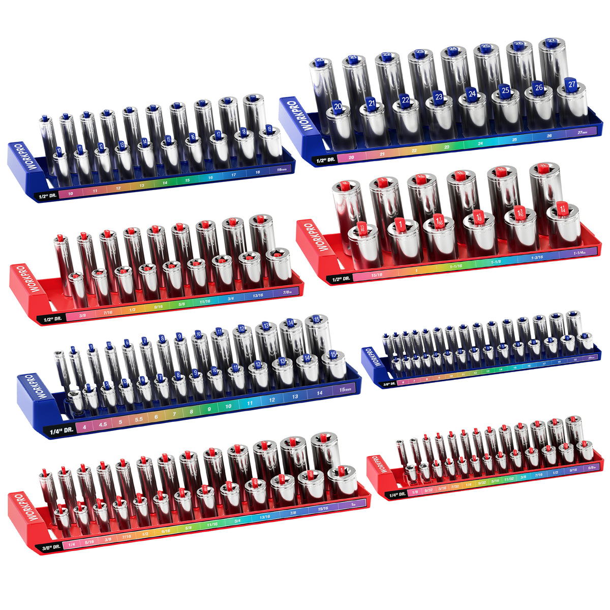 WORKPRO Socket Organizer Set, 8PC Socket Holder, 1/4", 3/8", 1/2" Drive Metric & SAE Socket Trays, Impact Socket Organizer for Tool Box Drawer, Socket Storage Holds 176 Pieces (Socket not Included)