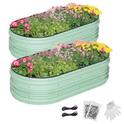 Two green raised garden beds filled with blooming flowers and included hardware pieces