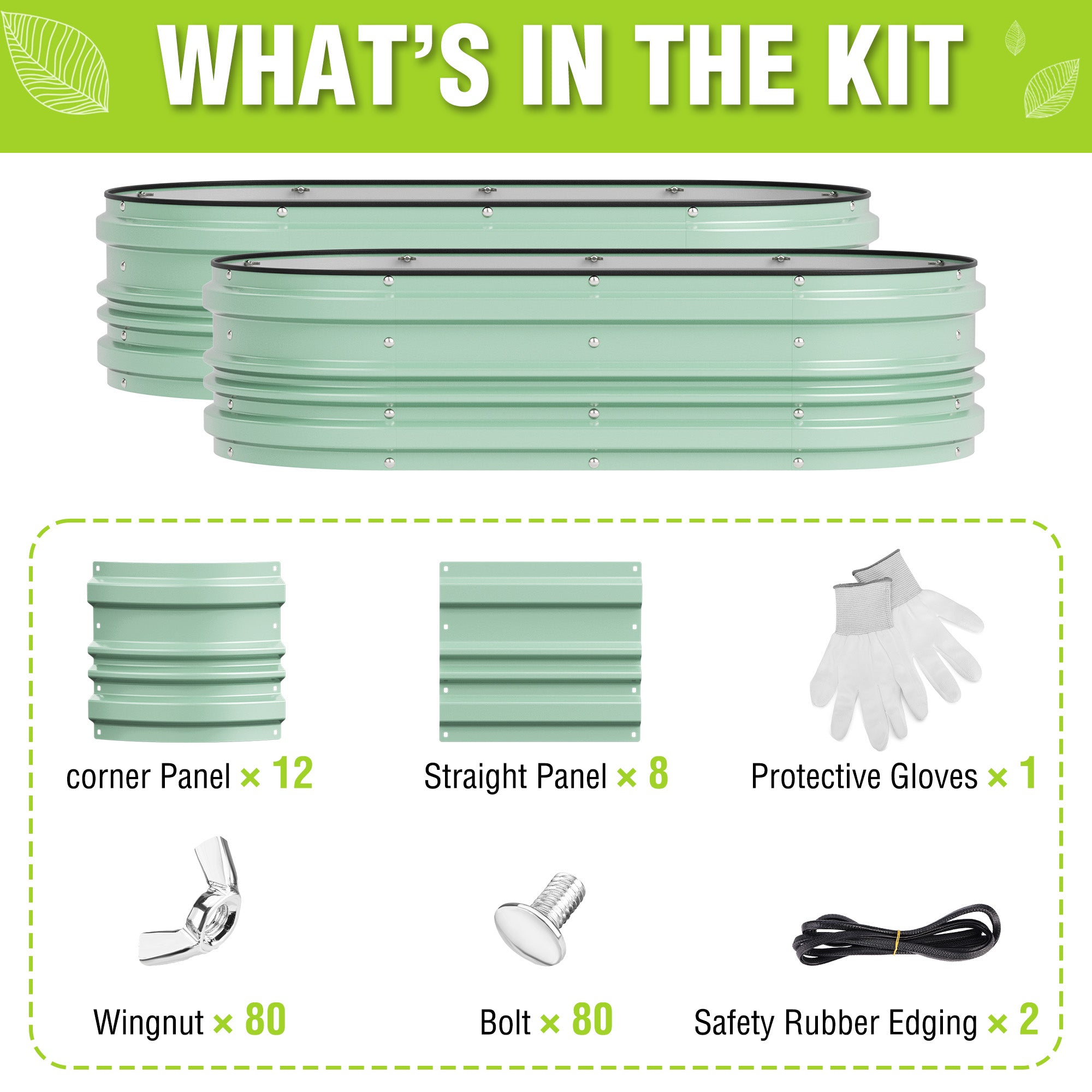 Green raised garden bed kit with panels, corner panels, gloves, bolts, and wingnuts