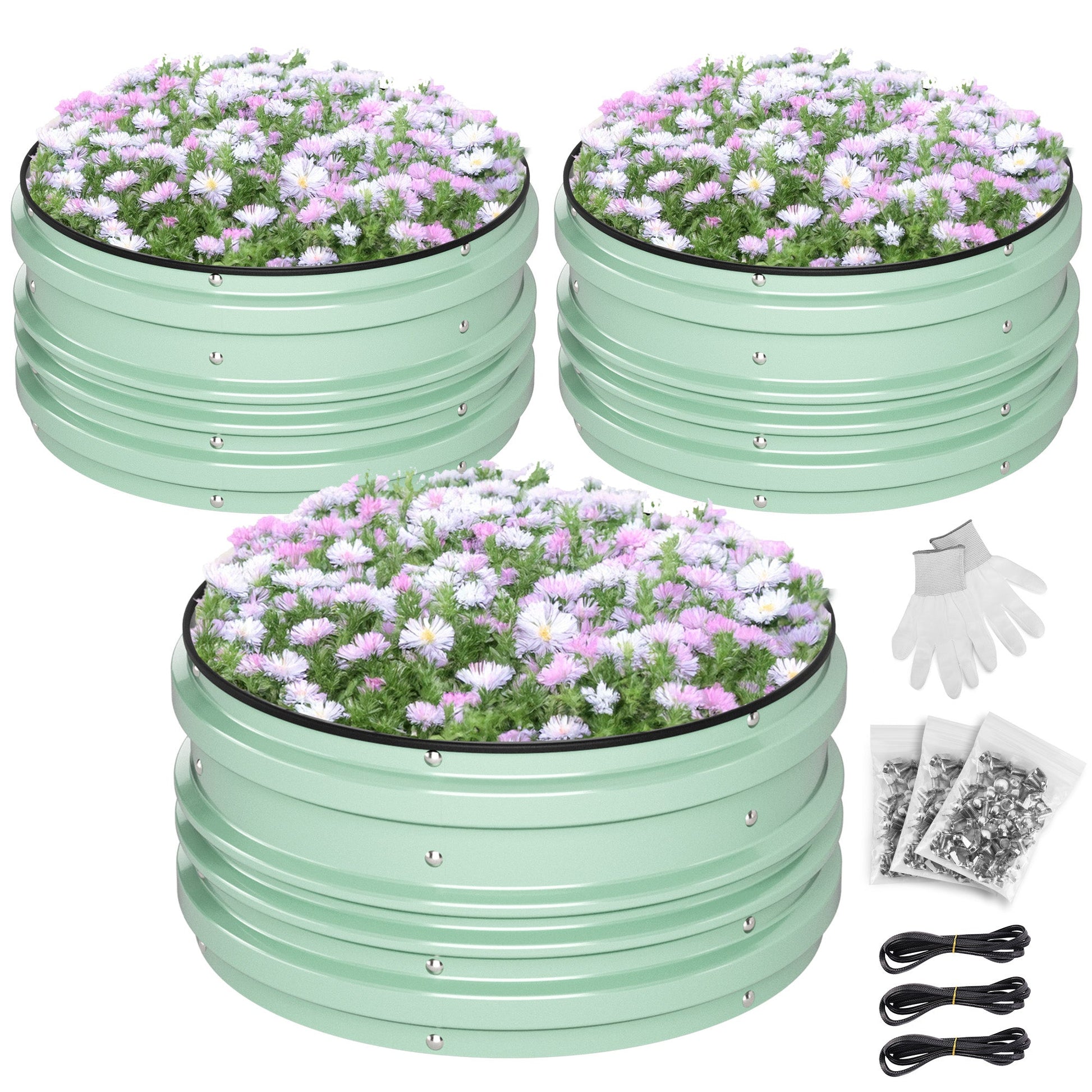Green raised garden bed set with layered steel panels, filled with purple flowers.