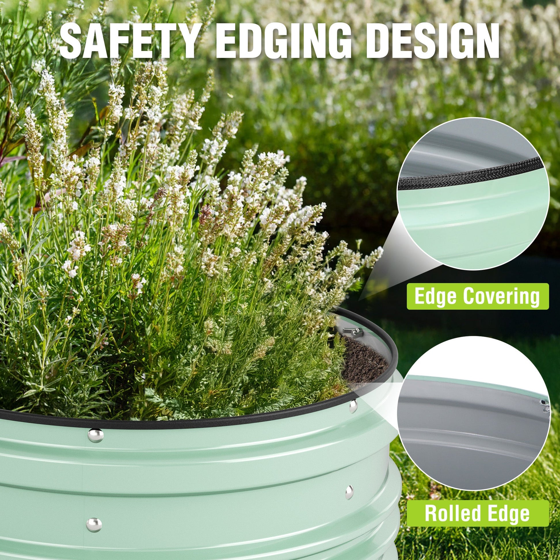Green raised garden bed corner with safety rolled edge and edge covering detail.