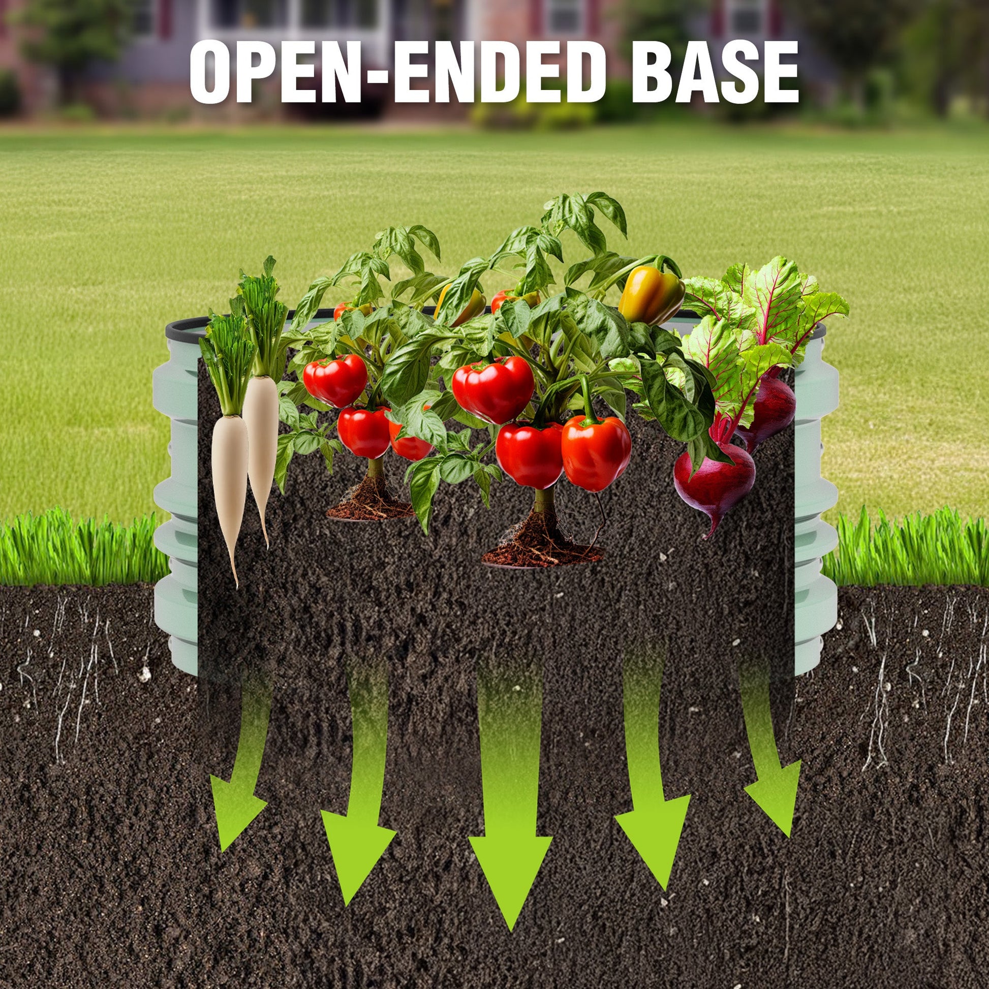 Green raised garden bed showing open-ended base and dark soil with arrows.