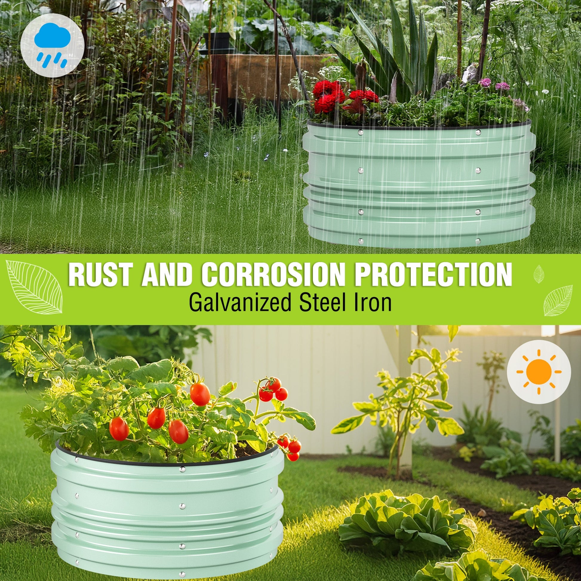 Green galvanized raised garden bed with rain spray, rust and corrosion protection look.