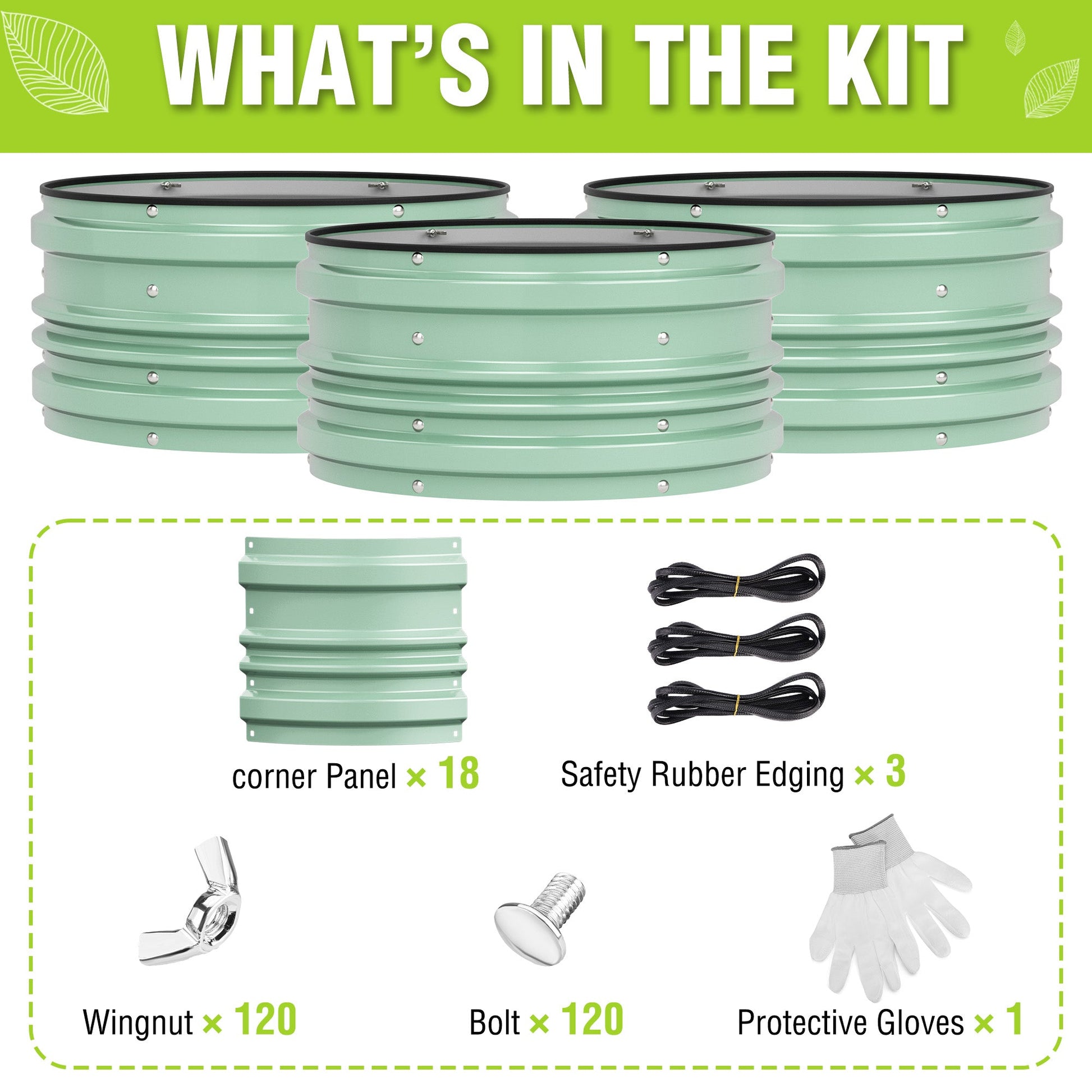 Green raised garden bed kit contents: corner panels, rubber edging, gloves, bolts.