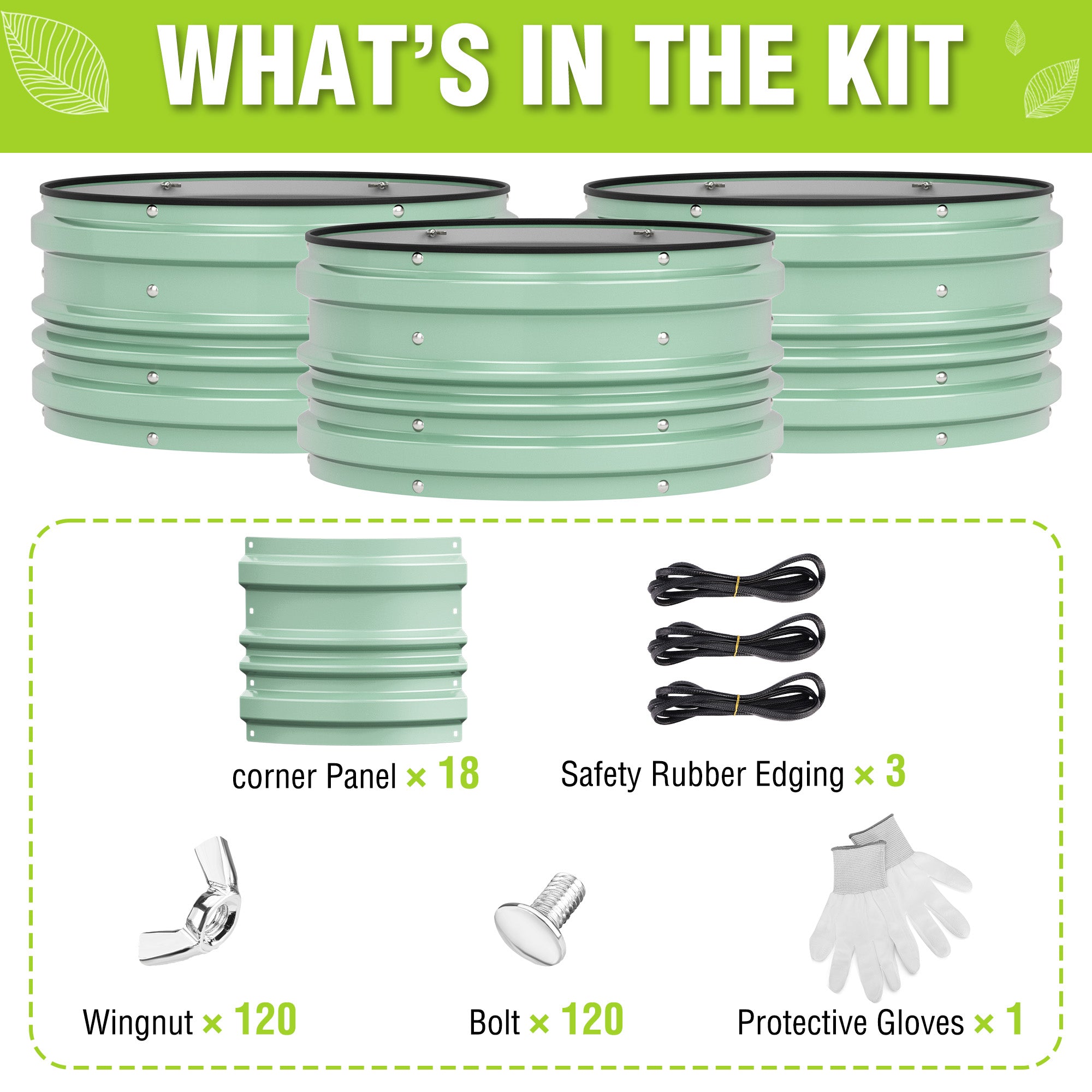 Green raised garden bed kit contents: corner panels, rubber edging, gloves, bolts.