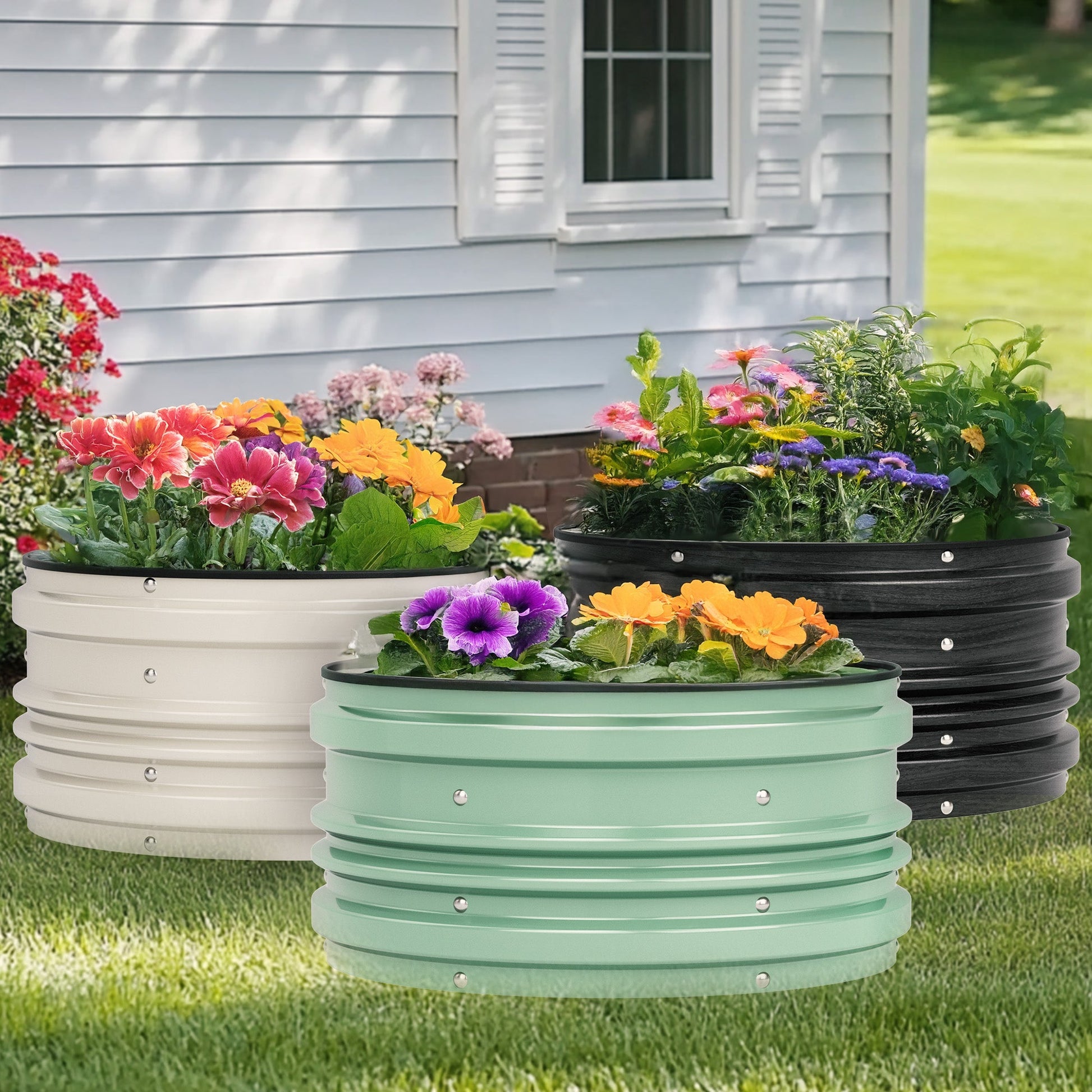 Set of three raised garden beds, white, black, and mint-green, with plant rows