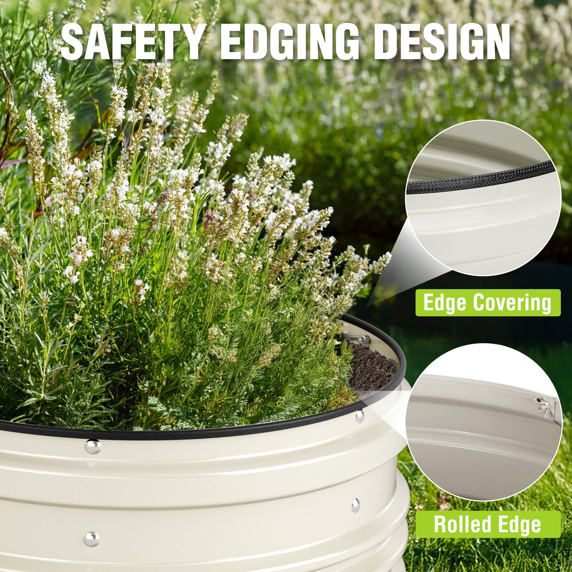 White raised garden bed with rolled safety edge and textured edge covering close-up