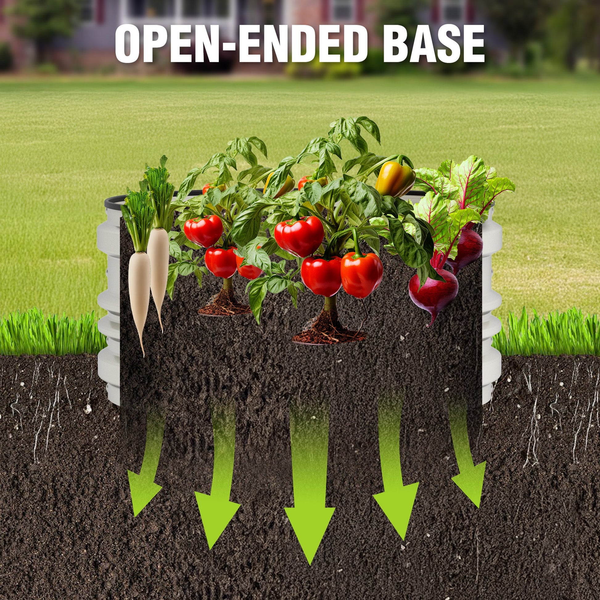 White raised garden bed with open-ended base for soil drainage illustration