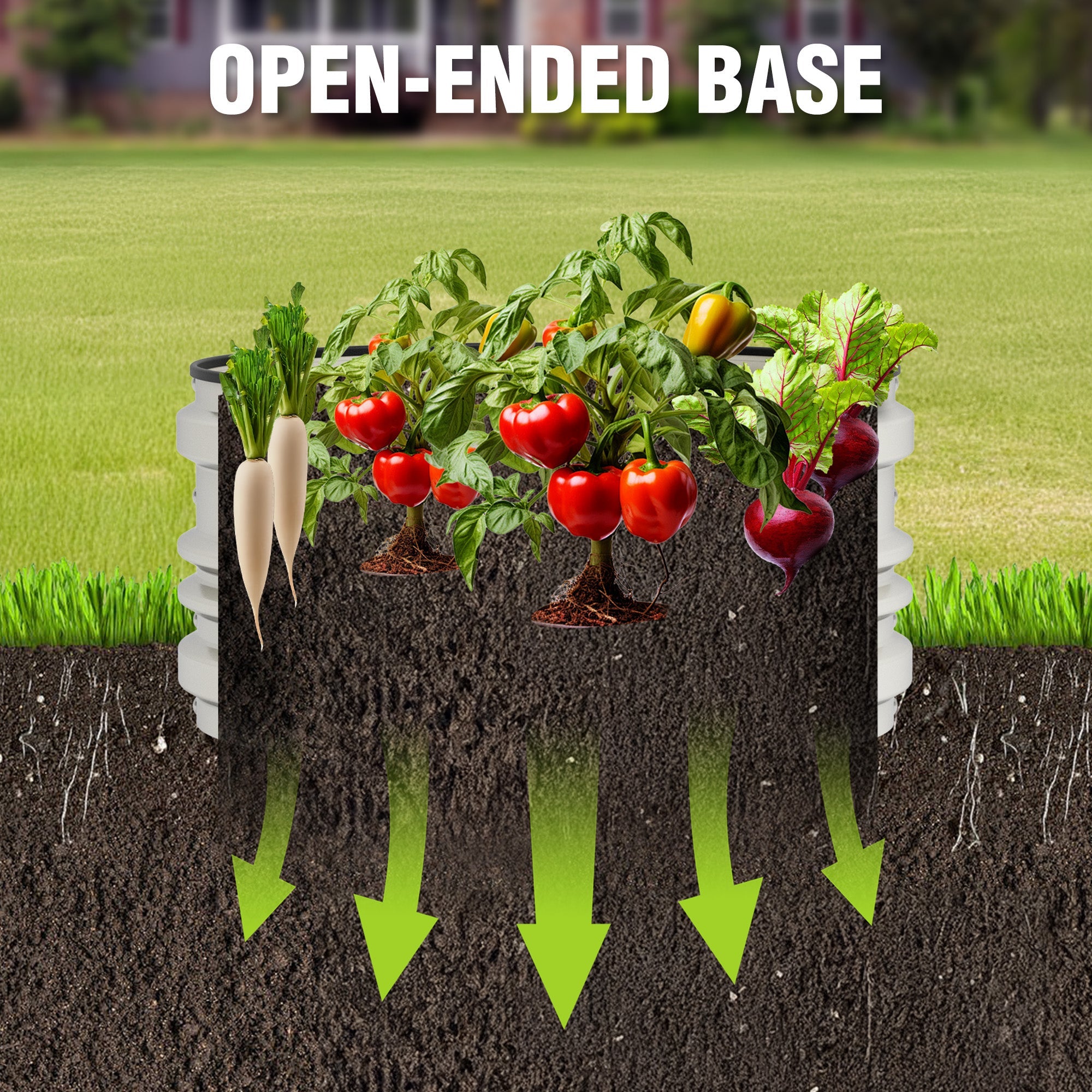 White raised garden bed with open-ended base for soil drainage illustration