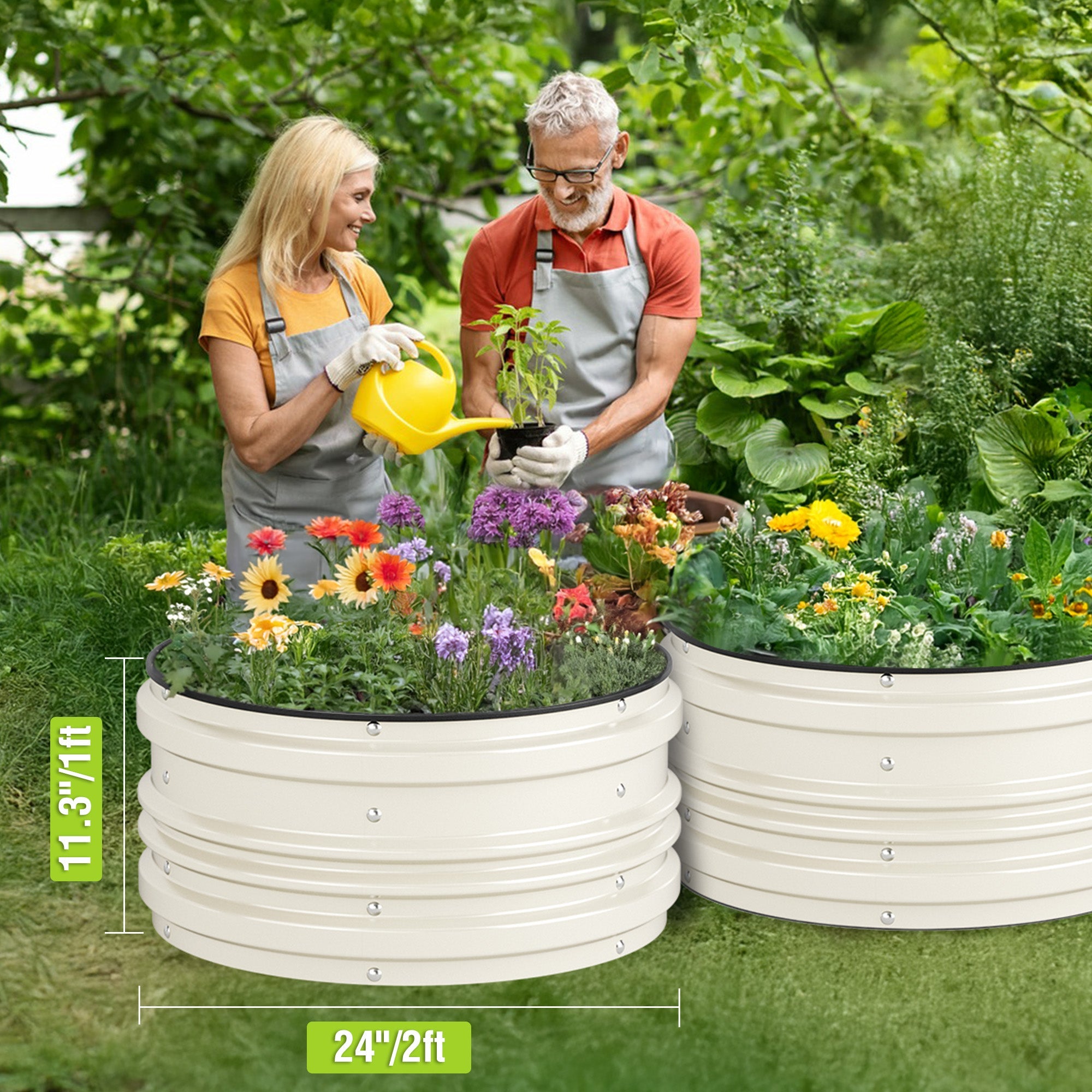 White round raised garden bed with mixed flowers and vegetables, being watered