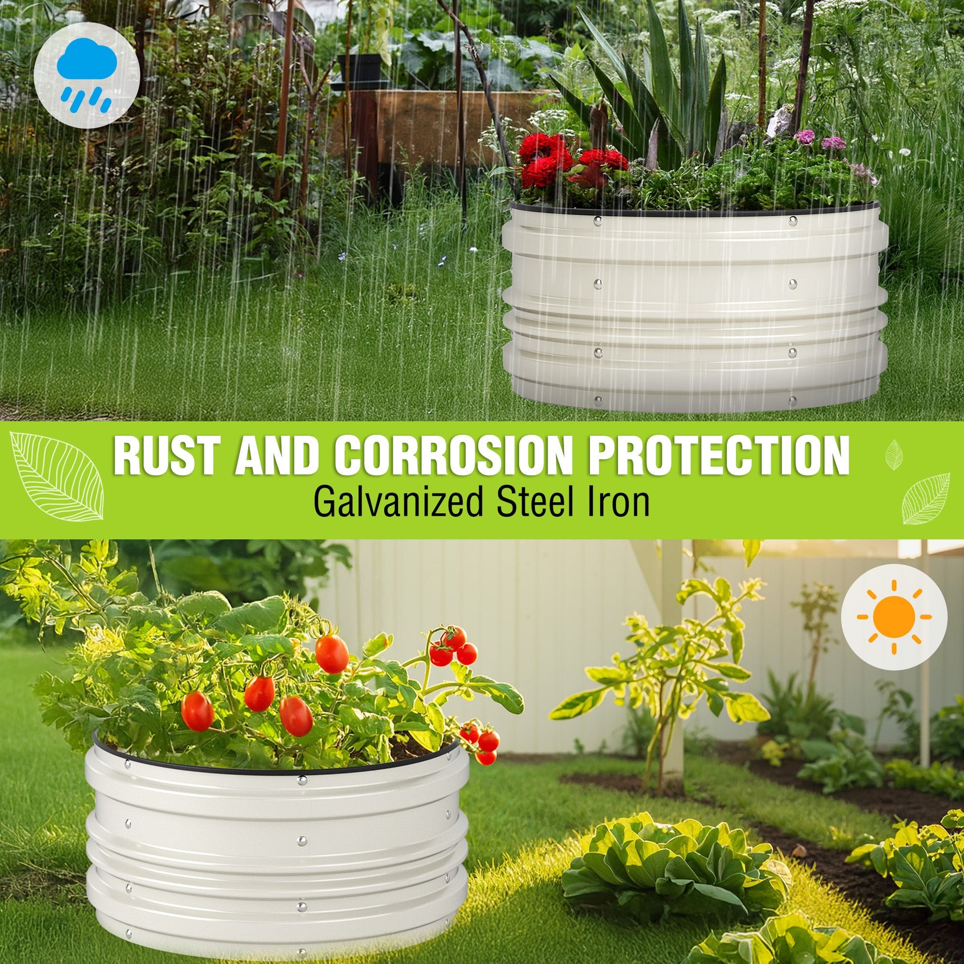 White galvanized raised garden bed with water-spray rust and corrosion protection