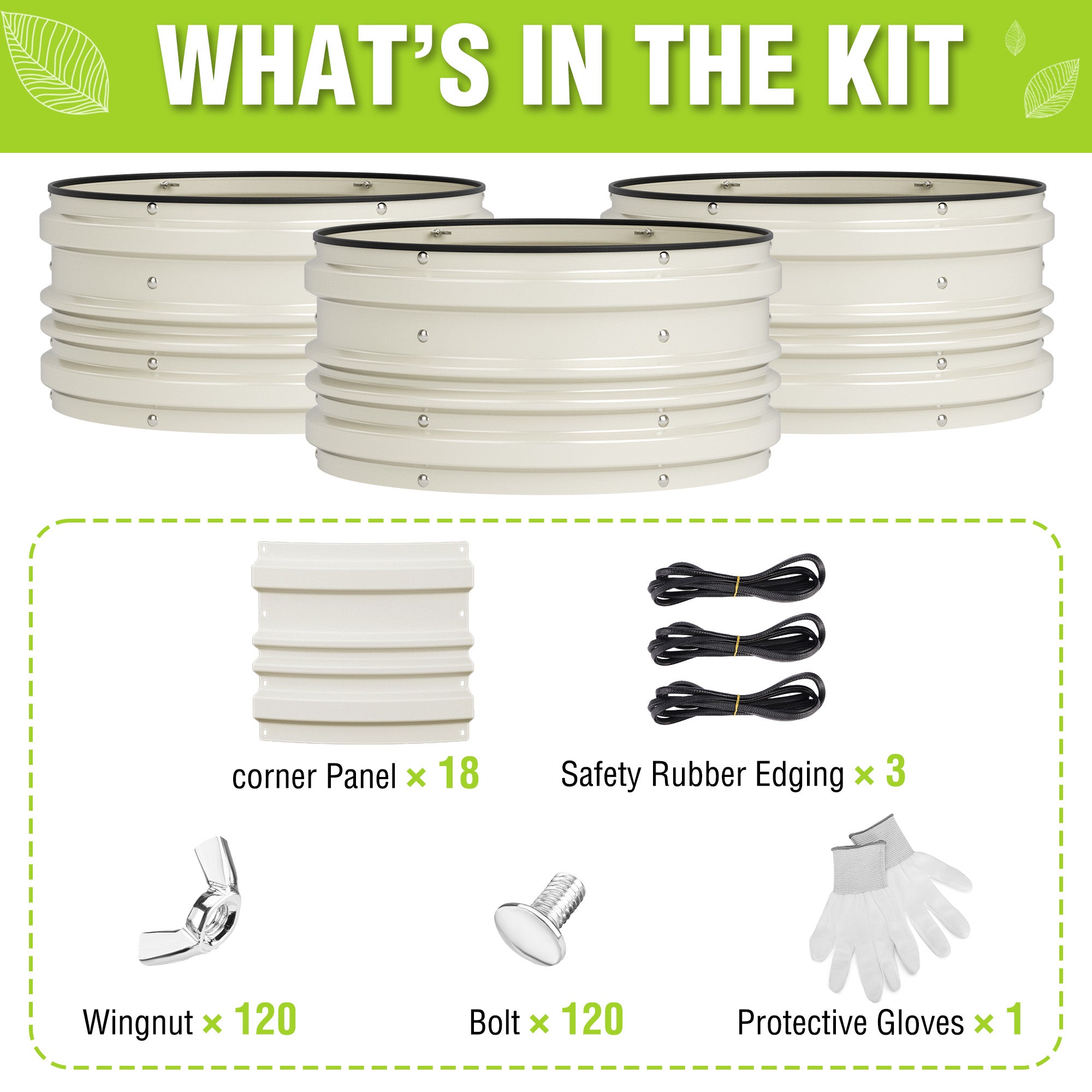 White raised garden bed kit with three panels and included gloves and hardware