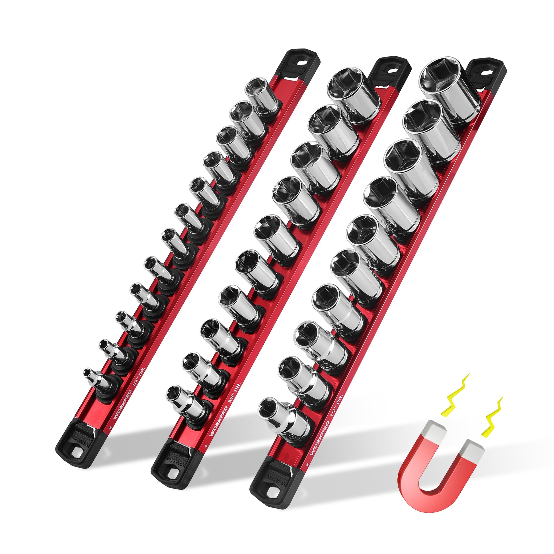 WORKPRO Magnetic Socket Organizer Set with red aluminum rails, innovation quality and secure durable storage