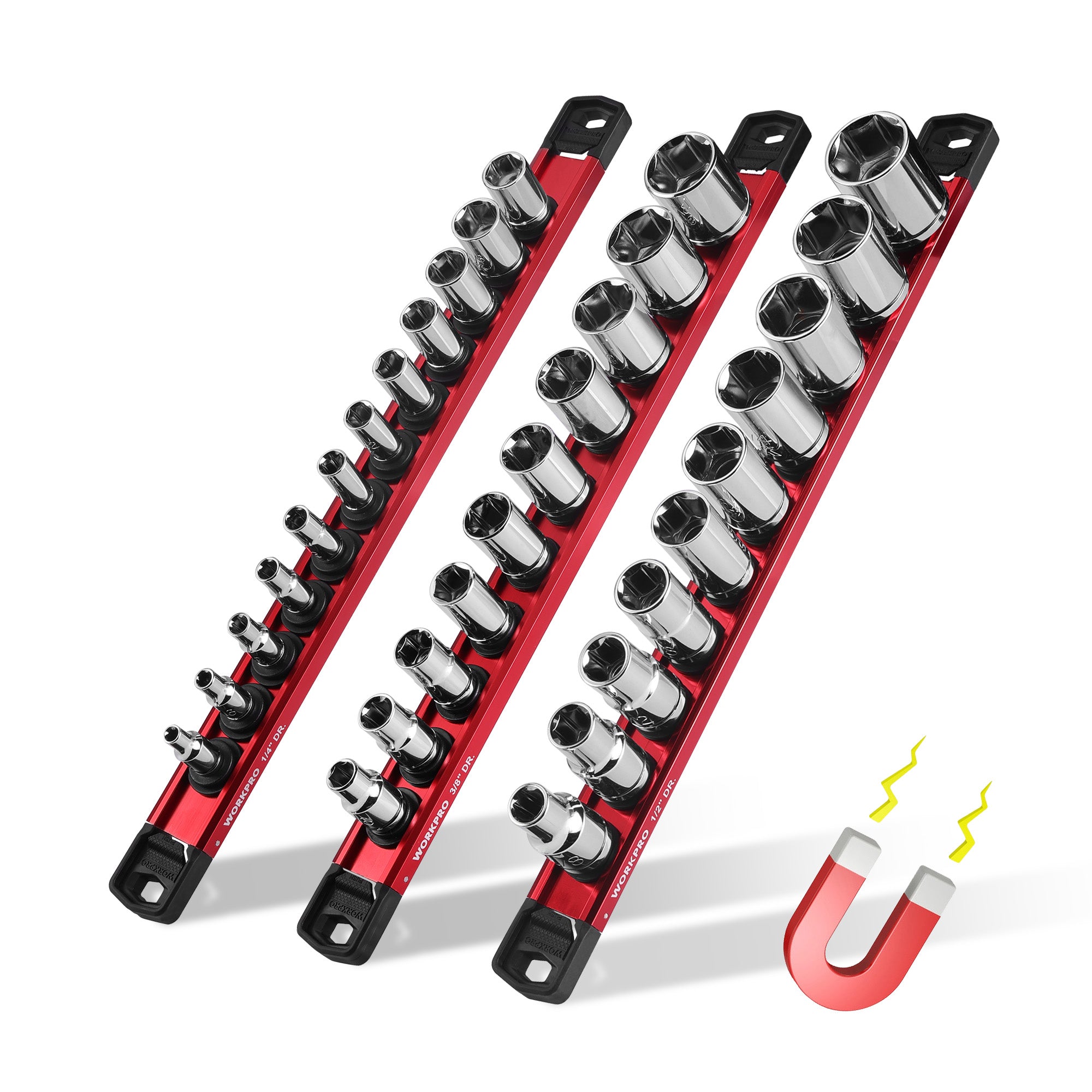 WORKPRO Magnetic Socket Organizer Set with red aluminum rails, innovation quality and secure durable storage