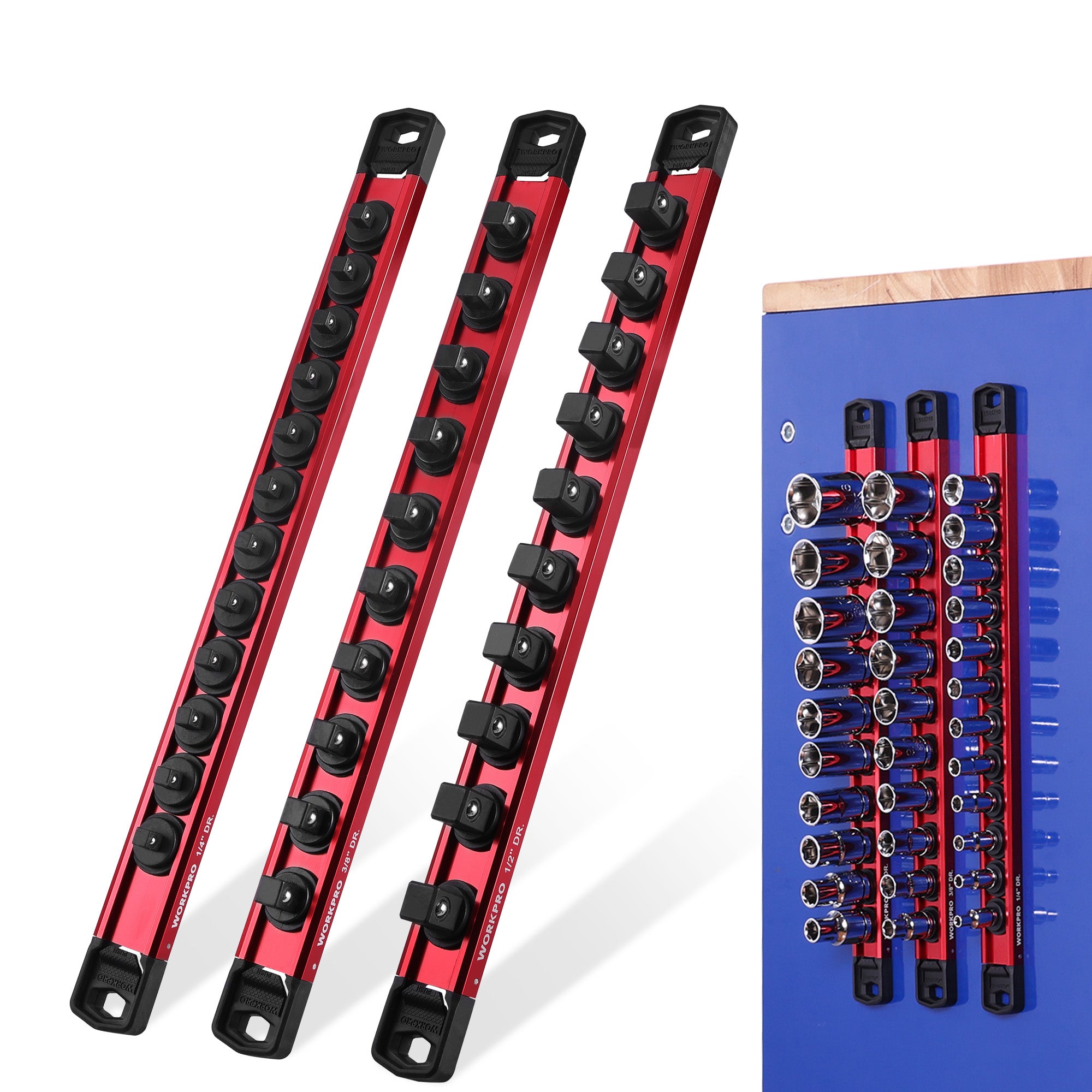 WORKPRO Magnetic Socket Organizer Set with red aluminum rails, durable secure clips and convenient tool storage