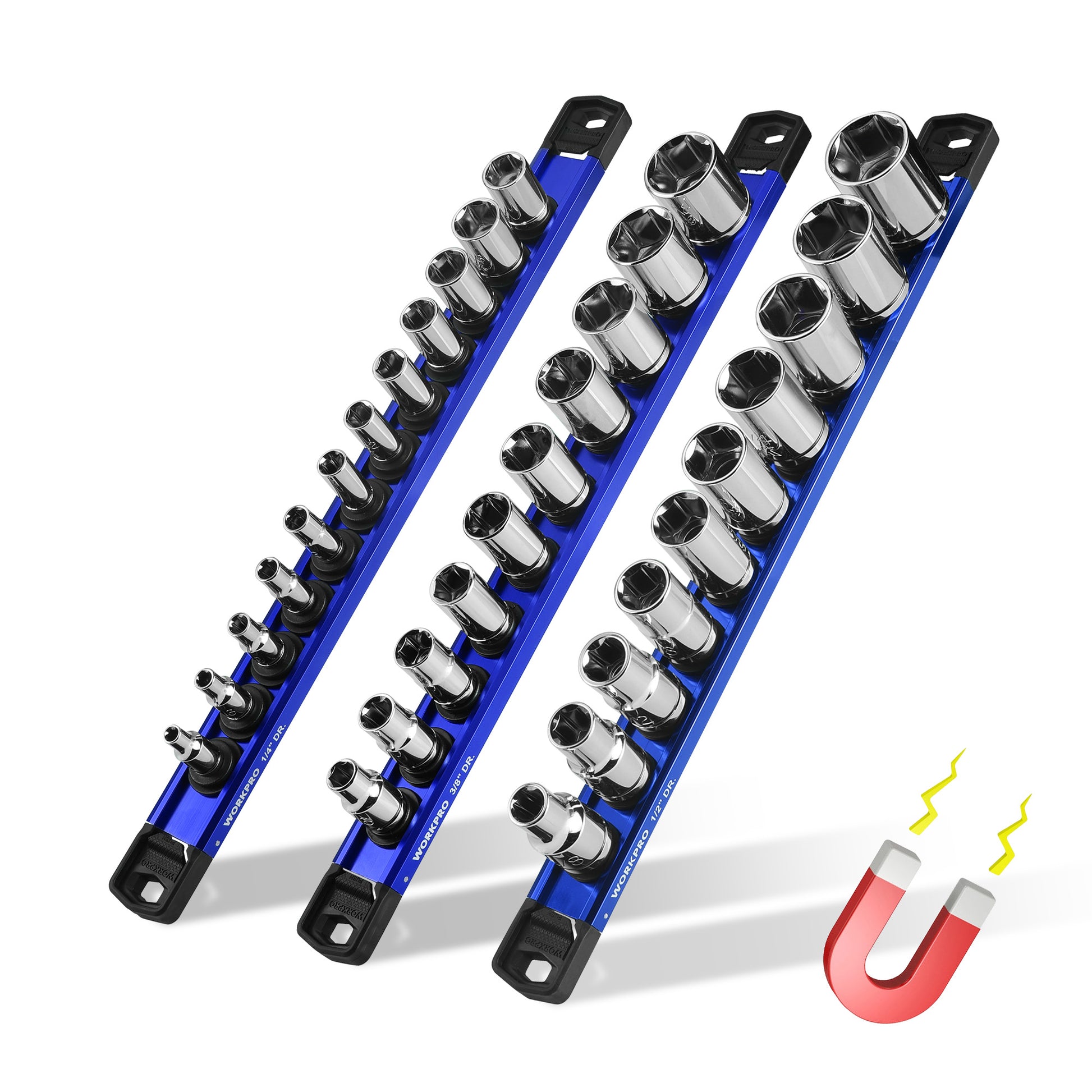 WORKPRO Magnetic Socket Organizer Set with quality durable aluminum alloy rails and secure removable clips