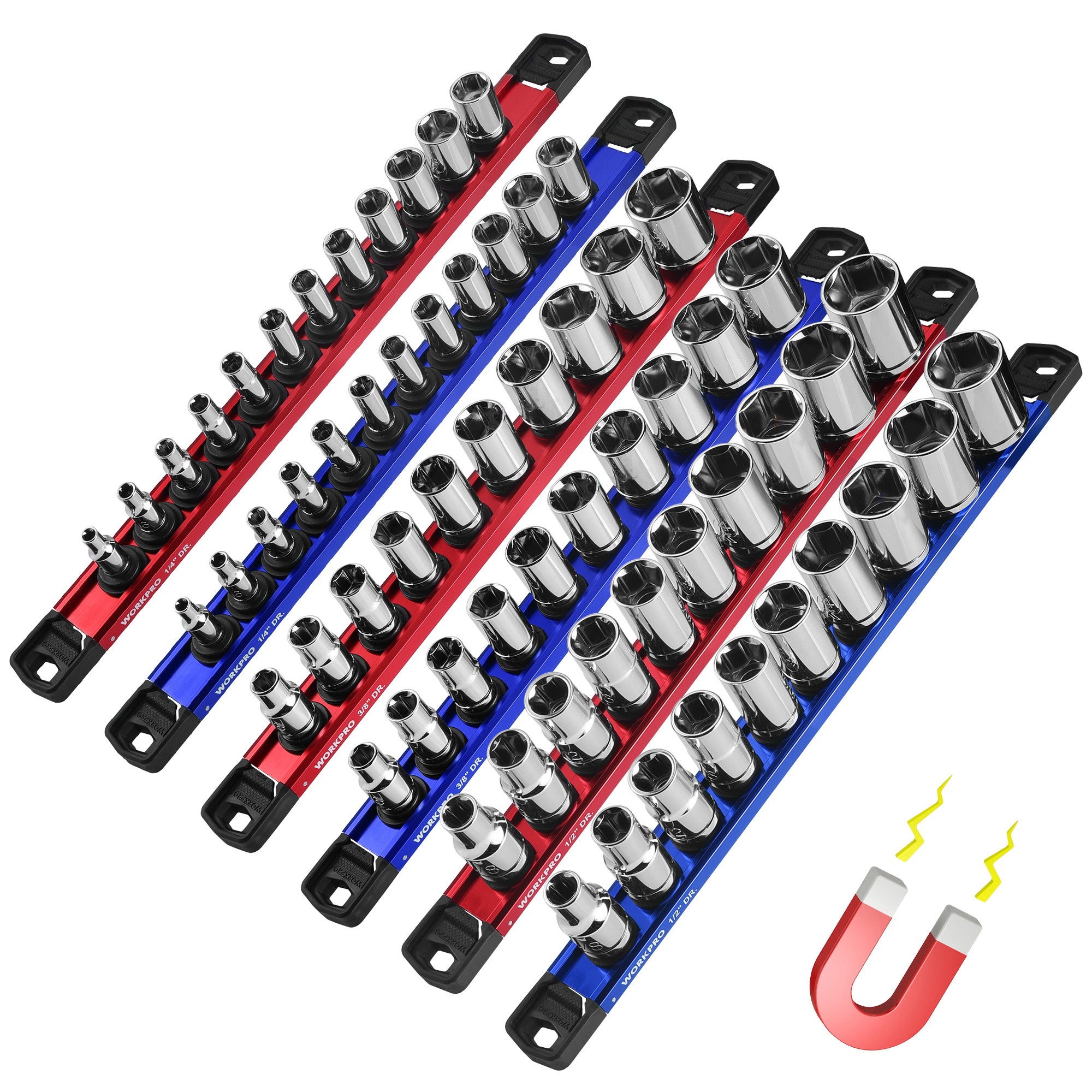 WORKPRO Magnetic Socket Organizer Set with high-quality durable aluminum alloy socket rails, secure clips