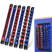 Five long metal socket wrenches in red and blue anodized finishes with black sockets, shown alongside a blue wall-mounted rack holding multiple sockets.