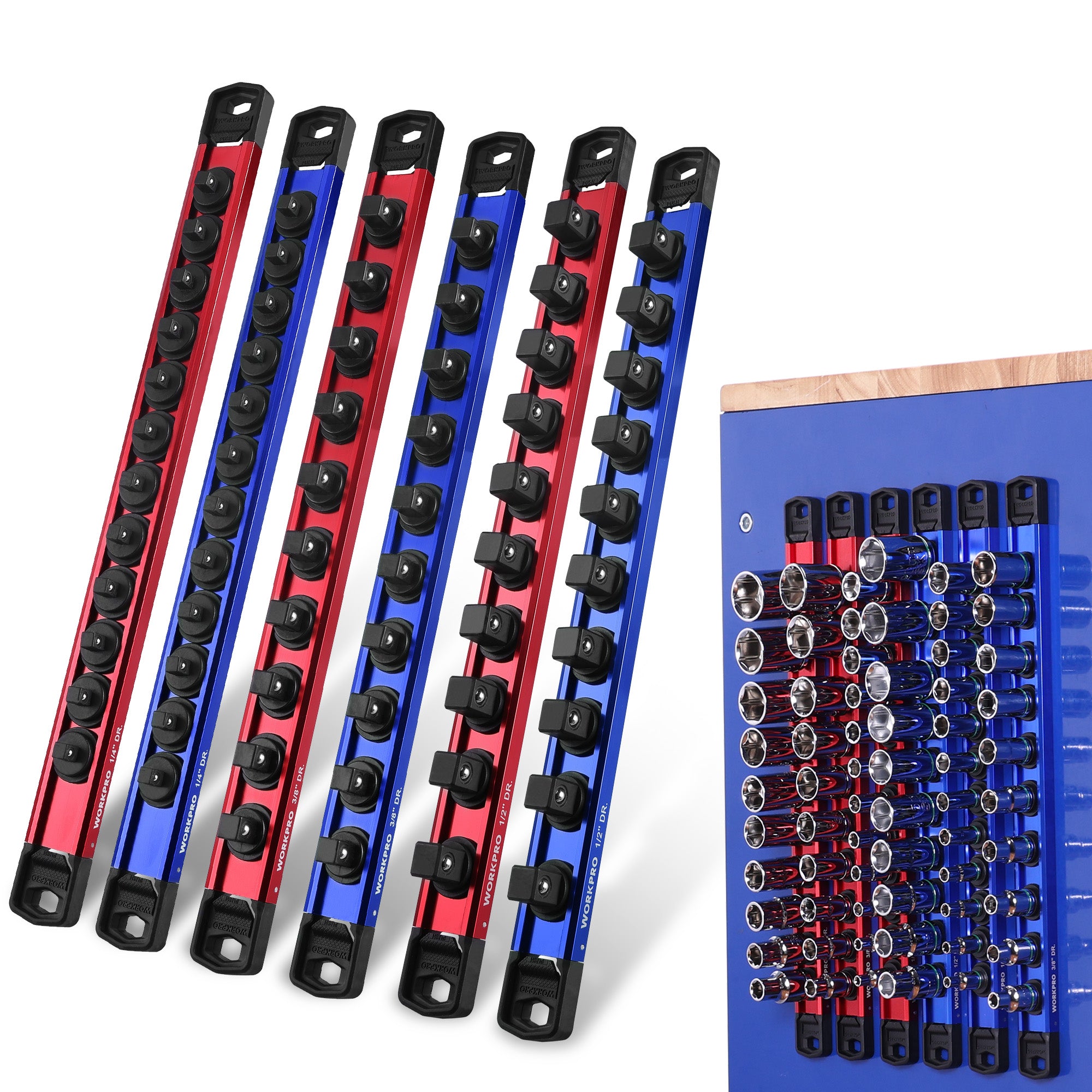 WORKPRO Magnetic Socket Organizer Set with innovation, quality, and secure durable magnetic clips on aluminum rails