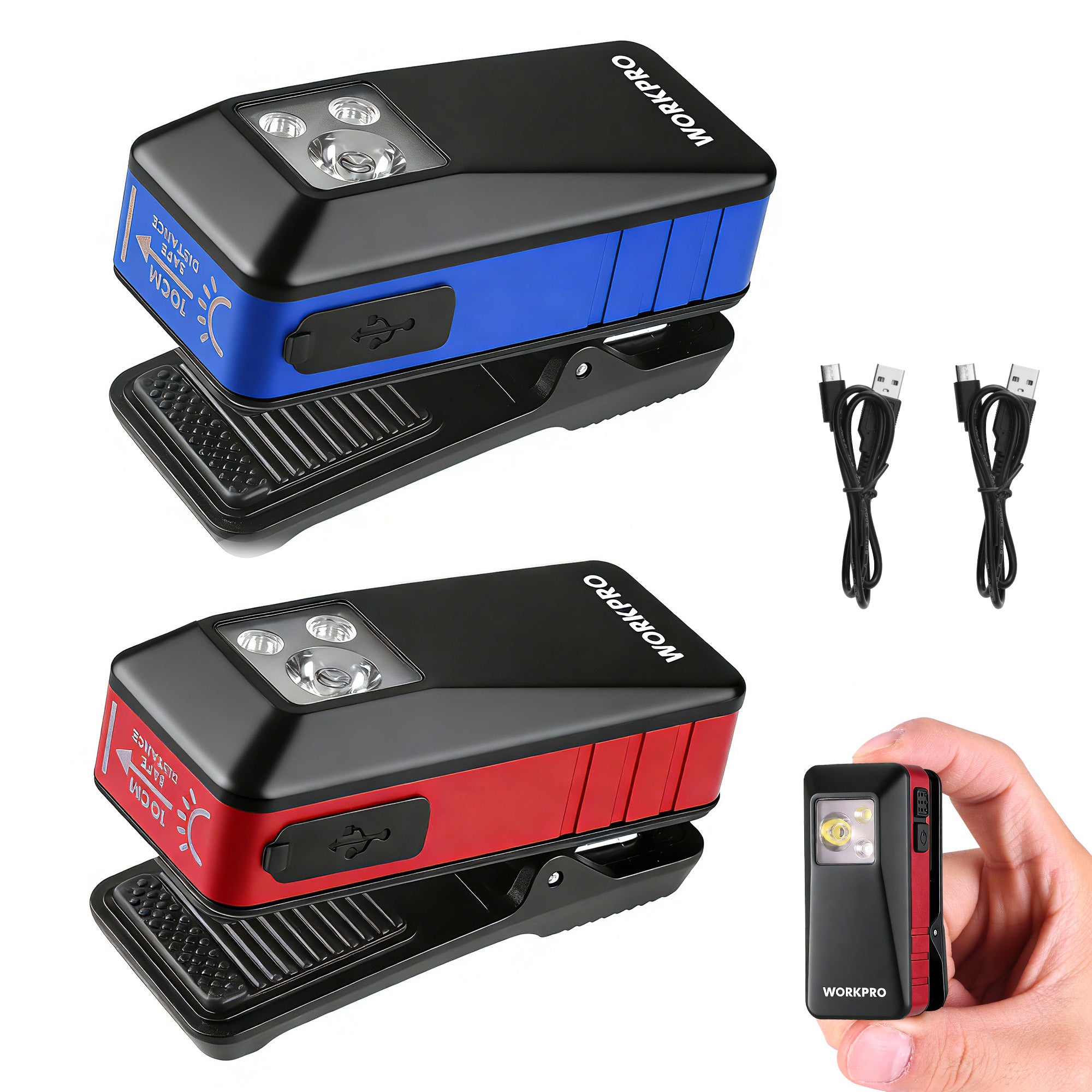 WORKPRO 2PCS EDC flashlight clip-on light in blue and black with durable aluminum housing and secure magnetic mount