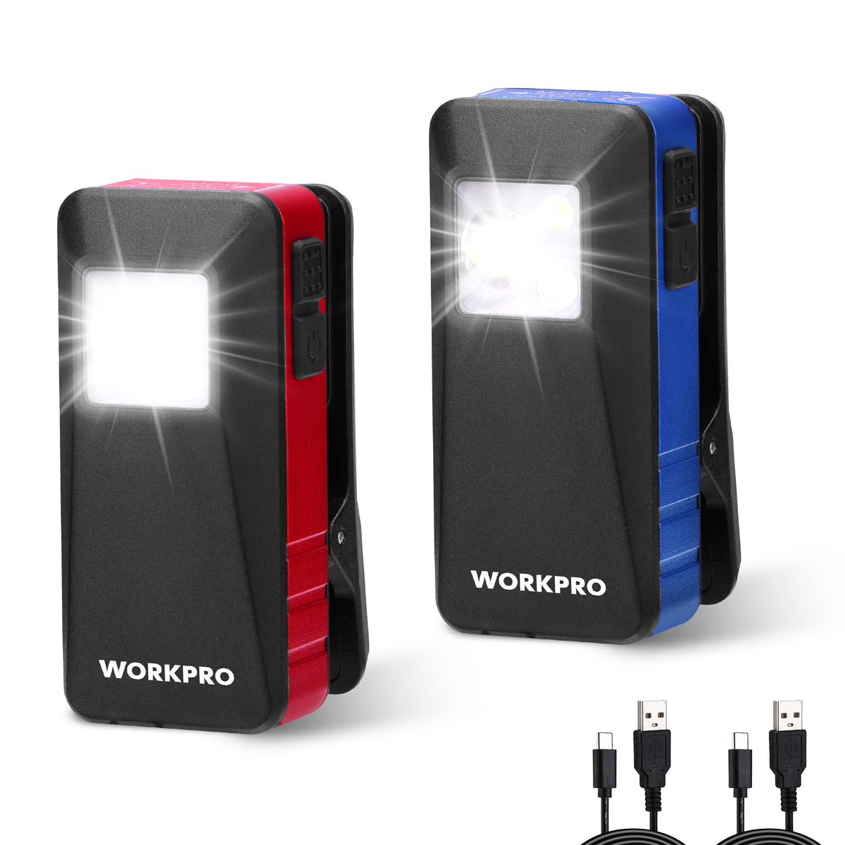 Workpro two-piece rechargeable clip-on flashlights in black with red and blue accents, bright LED panels and compact bodies.