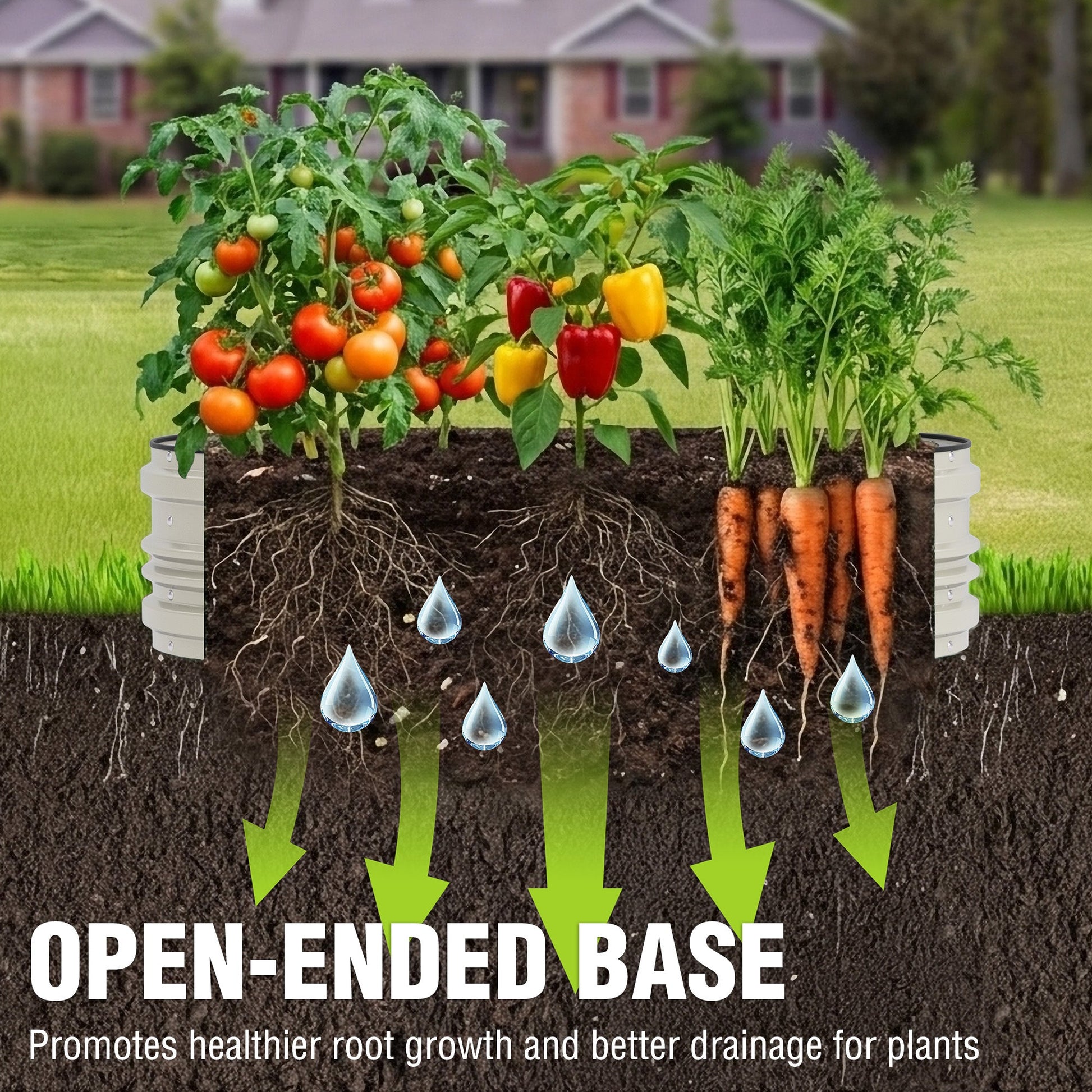 White raised garden bed with tomato and pepper plants, exposed root soil base