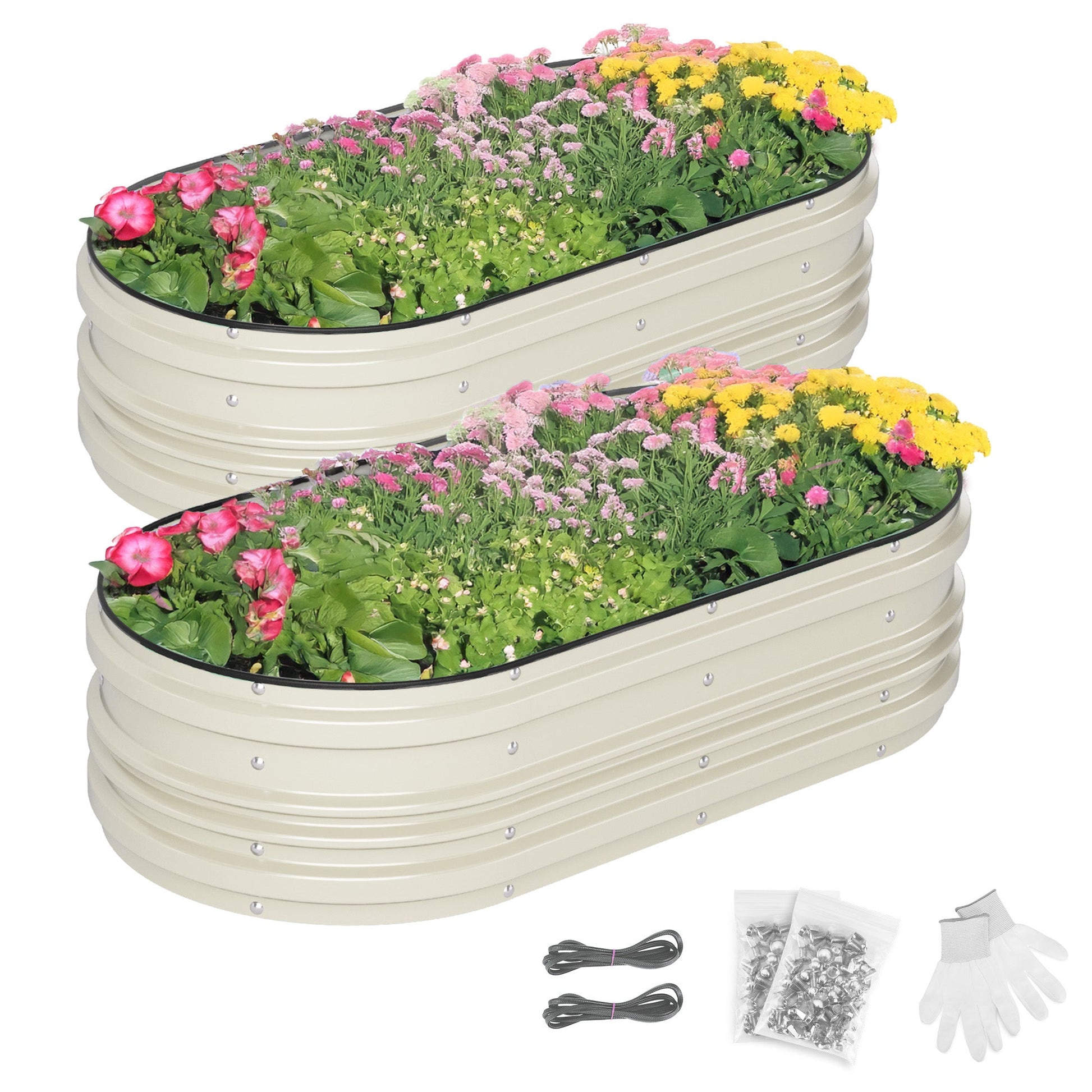 White double raised garden bed planter with flowering plants and included parts
