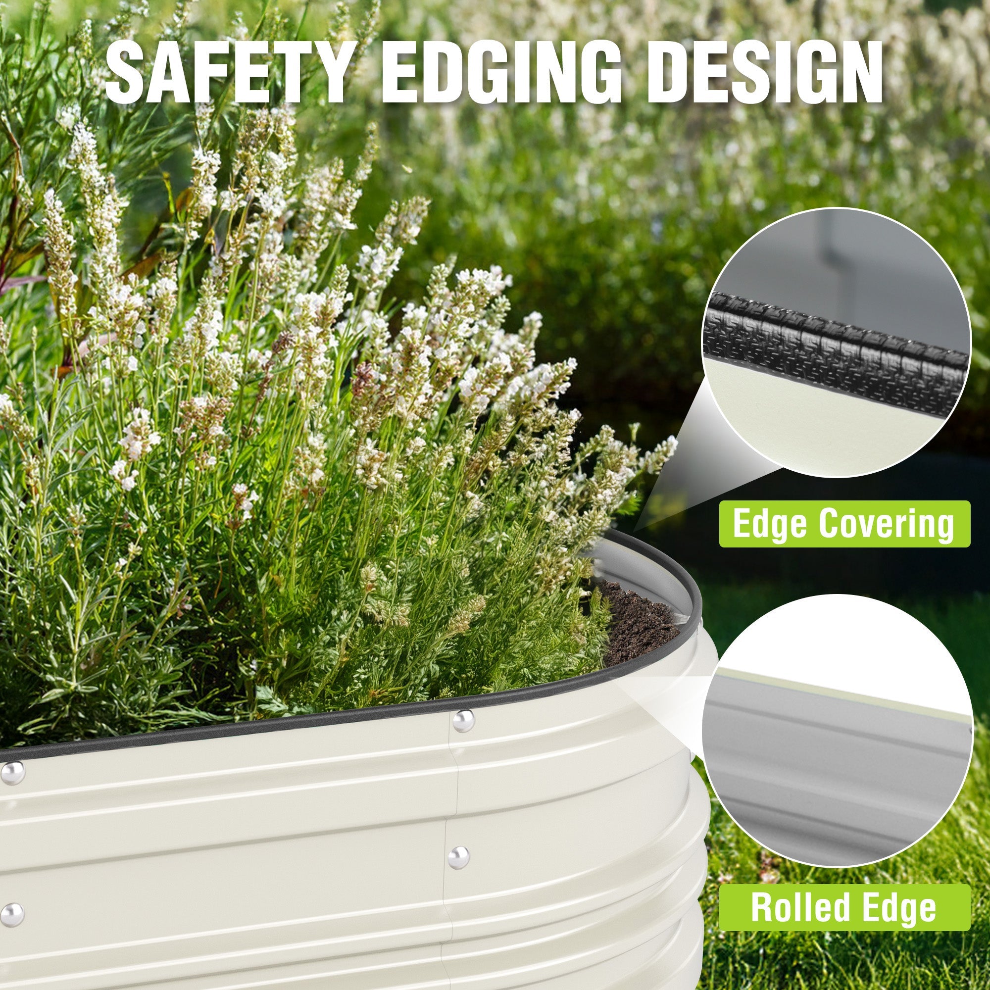 White raised garden bed with protective rolled edge and safety edging detail