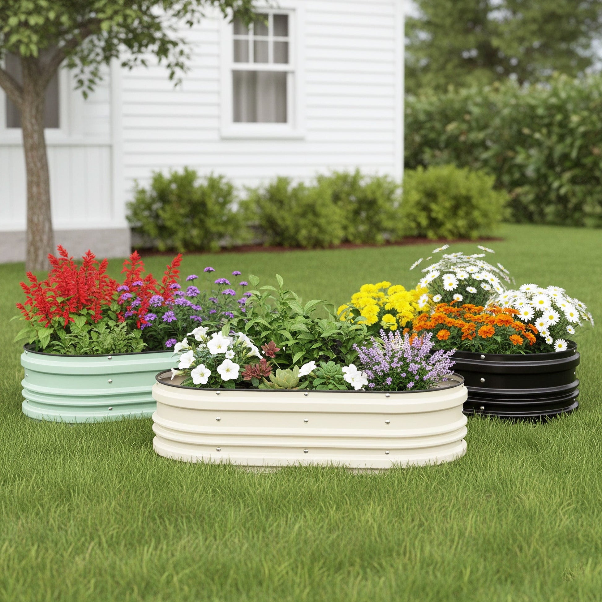 Raised garden bed set with white planters on lawn, each filled with flowers