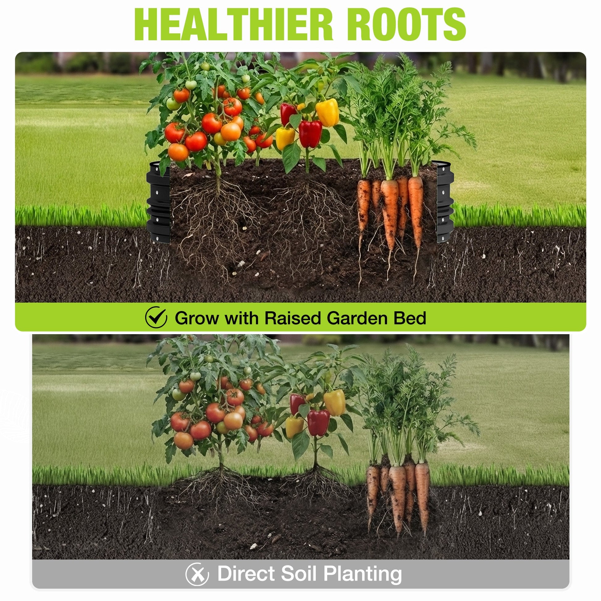 Black raised garden bed with vegetable plants; healthier roots illustration below