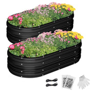 Set of two black raised garden beds with side ribs and flowers planted inside