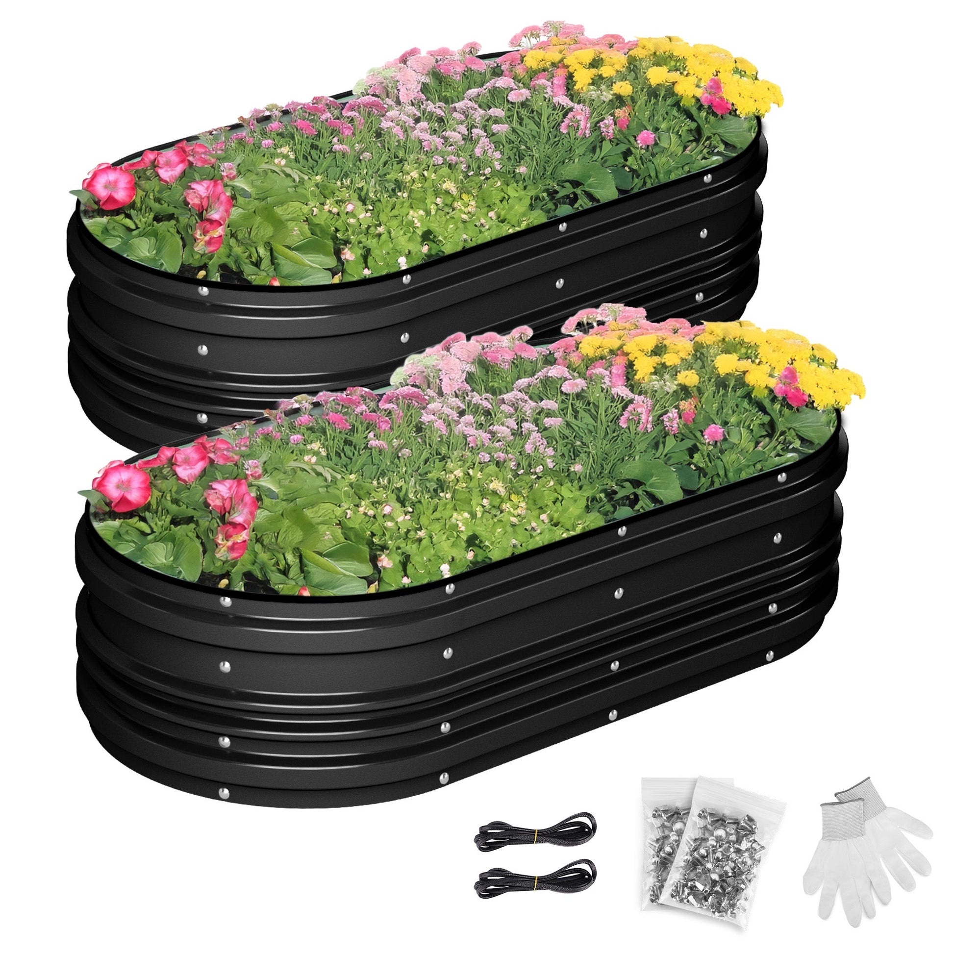Set of two black raised garden beds with side ribs and flowers planted inside