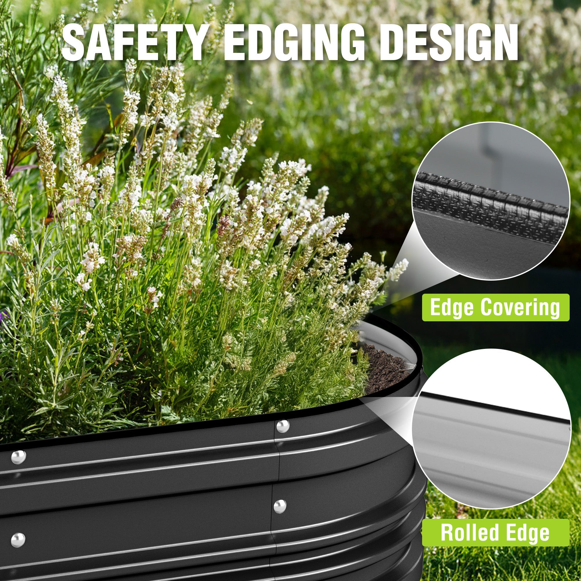 Black raised garden bed edge with rolled metal lip and protective rubber edging detail