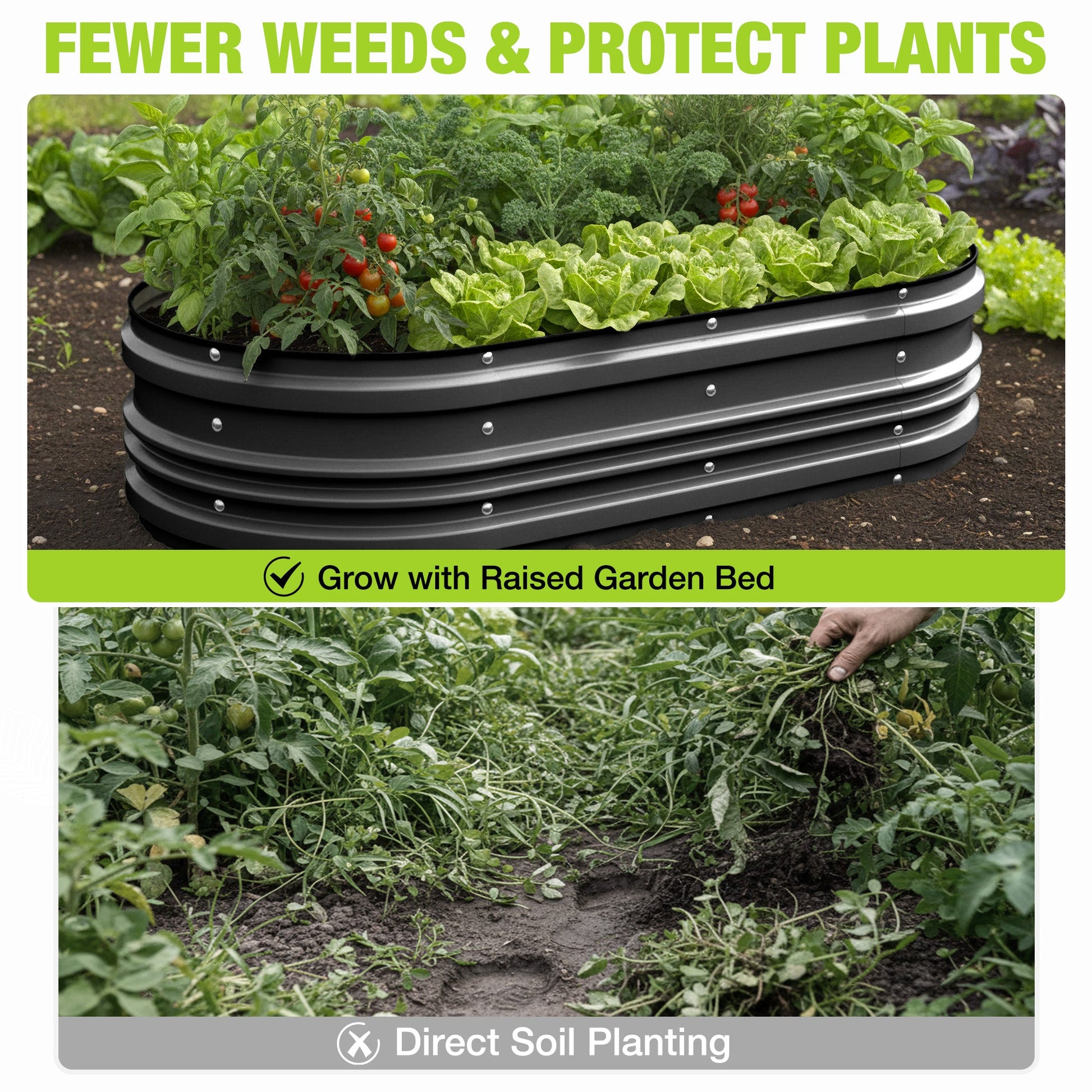 Black raised garden bed with lush vegetables, infographic panels about fewer weeds