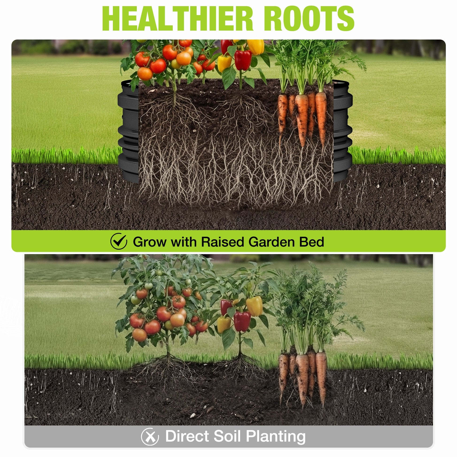 Black raised garden bed with soil and visible root area, carrots and greens