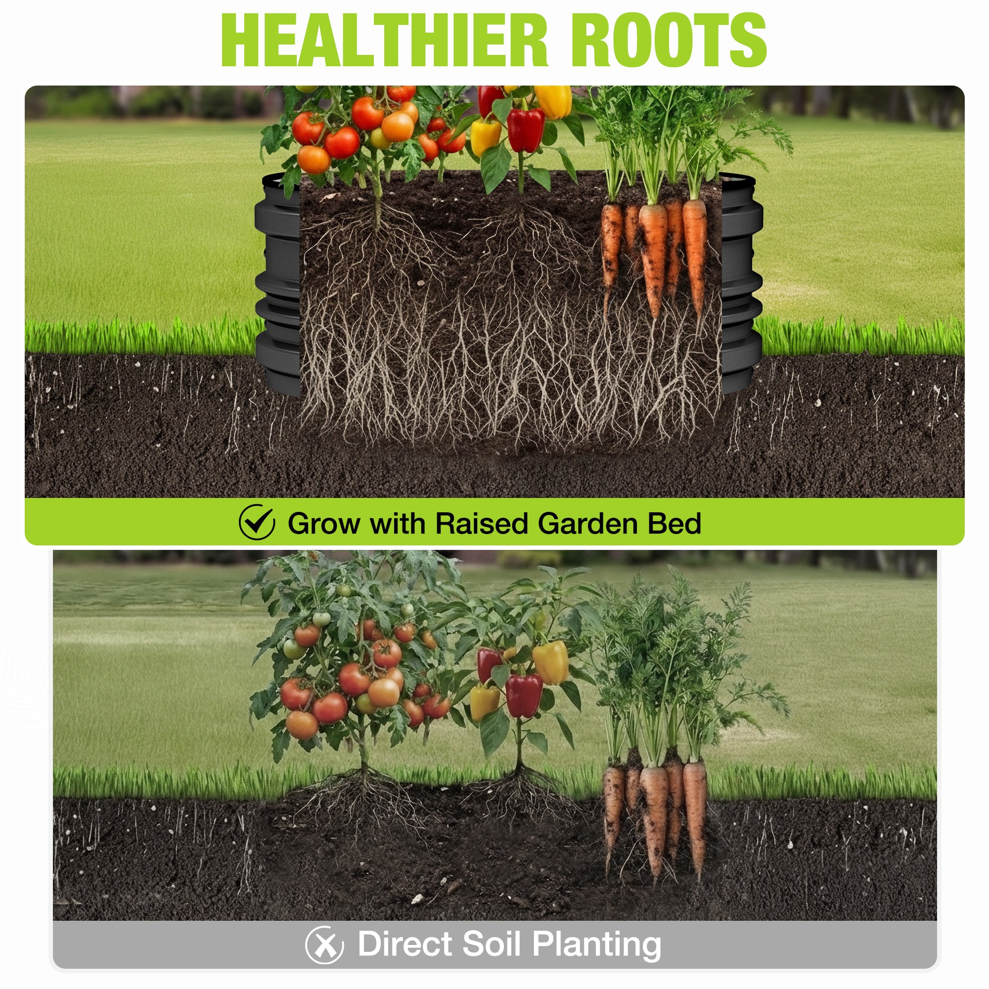 Black raised garden bed with soil and visible root area, carrots and greens