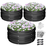 Black 3-piece raised garden bed set with wavy steel sides and flowers inside
