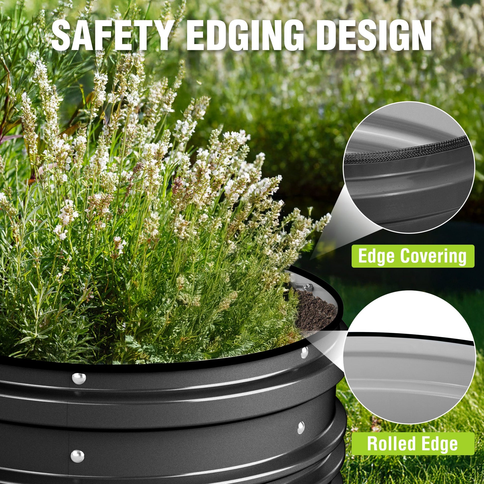Rolled-edge black raised garden bed rim with protective edge covering close-up